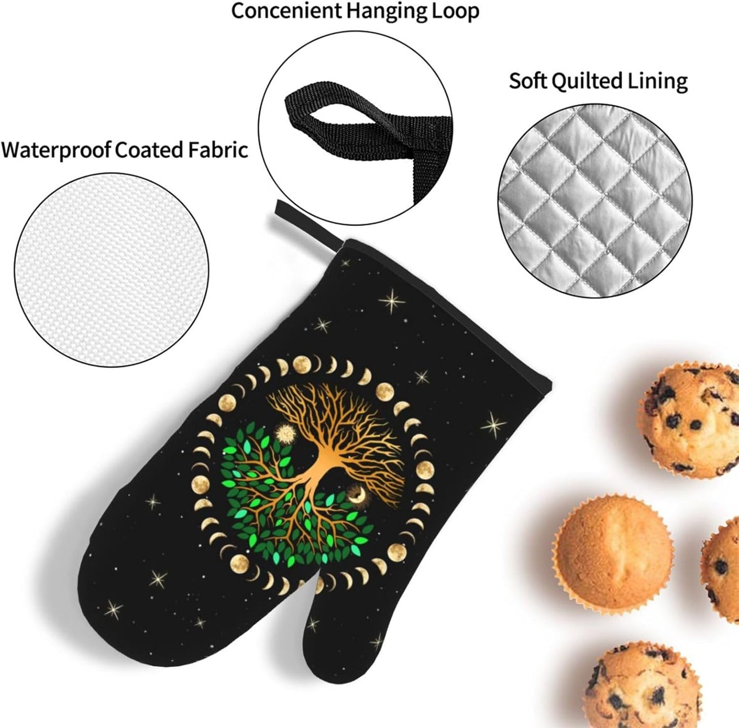 Black Oven Mitts and Pot Holders Sets of 3 Heat Resistant Hot Pads Ancient Life Tree Decorative Oven Gloves for Cooking Grilling Baking Kitchen Moon Luna Hippy Decor