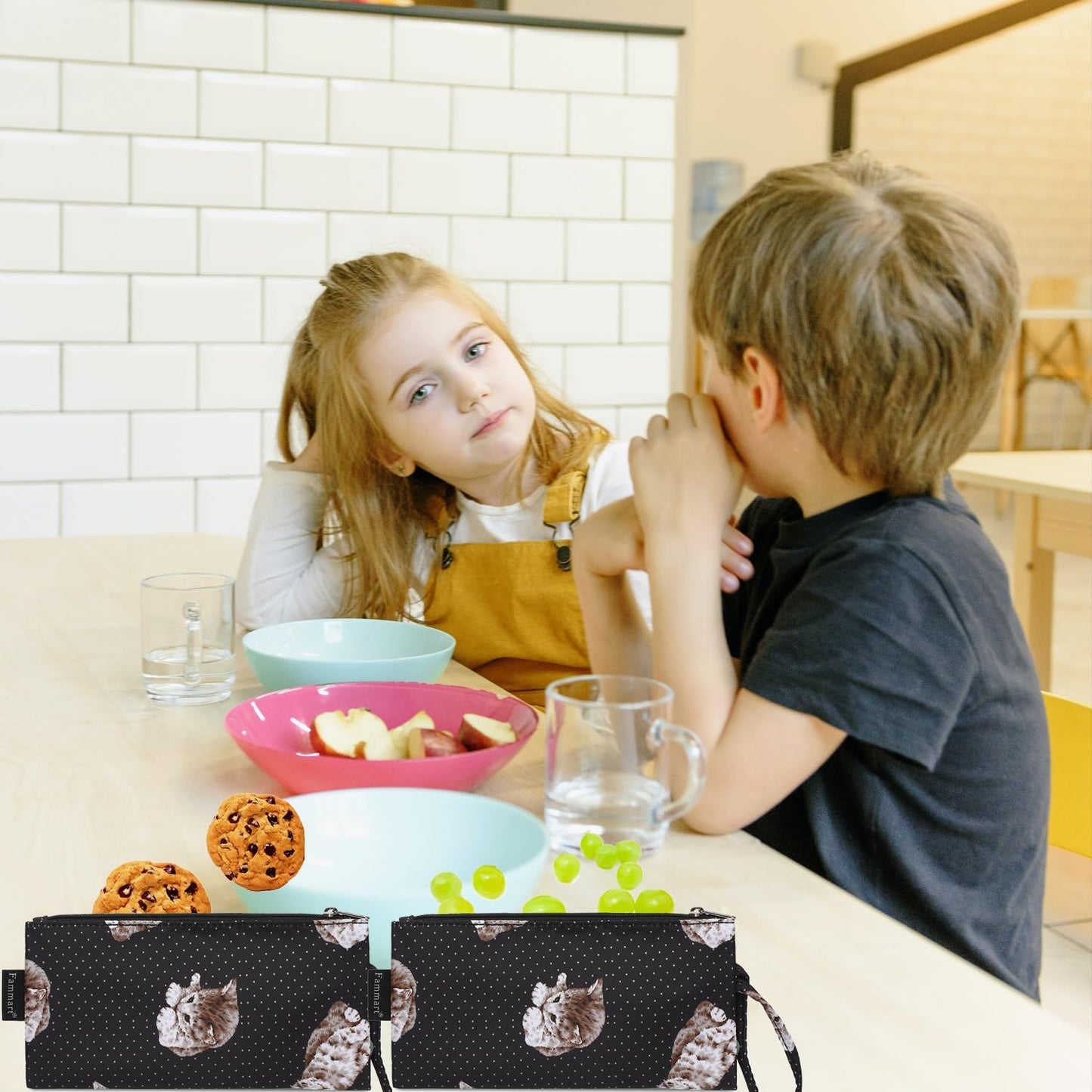 Reusable Sandwich Bag/Snack Bag for Kids & Adults, Dual Layer Lunch Bag with Handle, Washable, Food Safe, BPA Free (2-Pack, Dot&Cat)