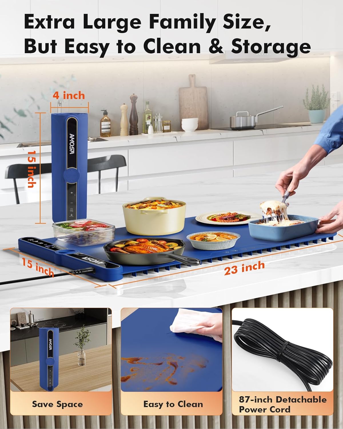 Warming Mat for Food, Fast Heating Electric Food Warmers with 9 Level Temperature and 6 Hours Timer, Large Roll Up Silicone Food Heating Mat, Portable Warming Trays for Buffets Party (Blue)