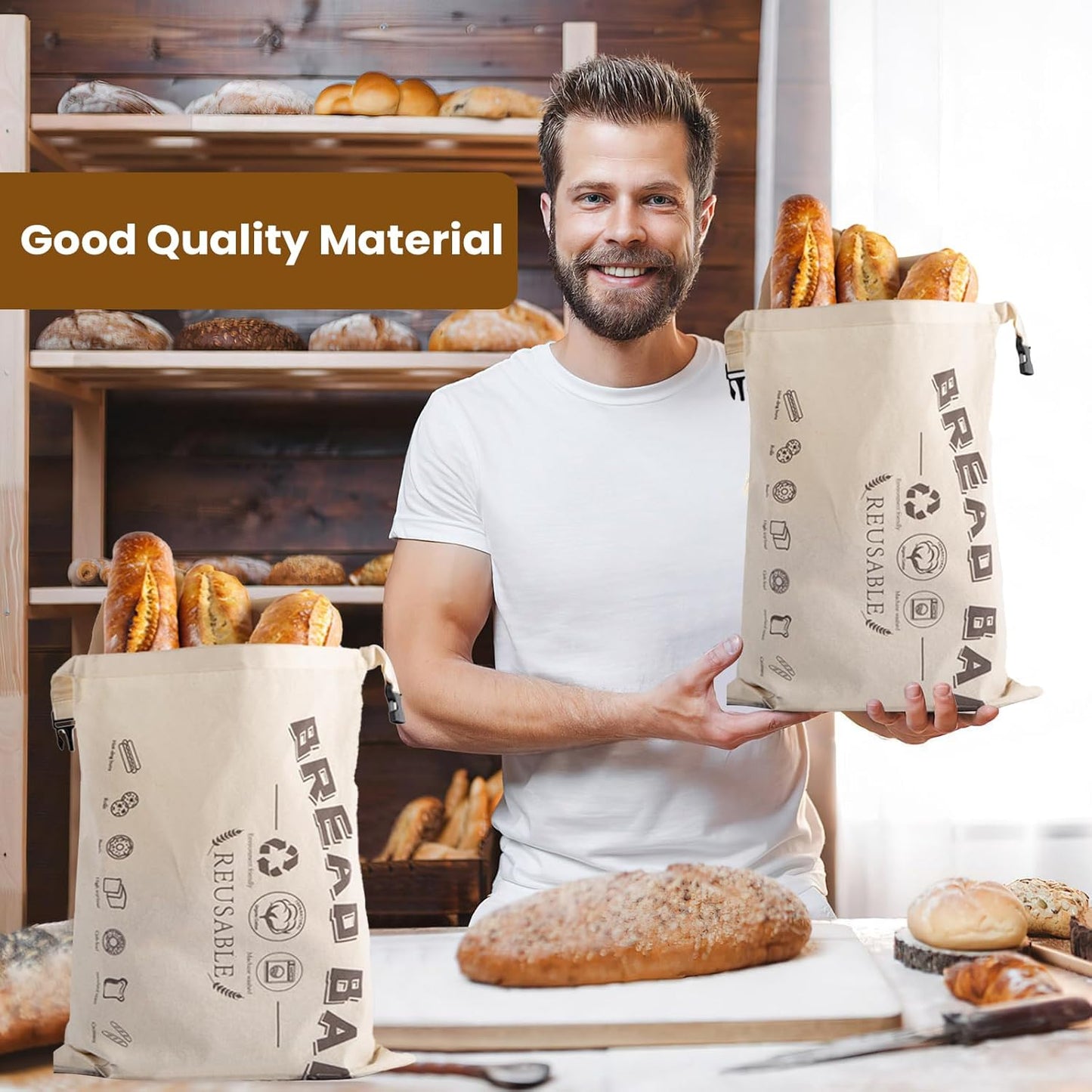 2-Pack Bread Bags, Reusable Bread Bags for Homemade Bread, Buckle Closure,Fresh Keeping Extra Large Bags, Food Bag (Beige)