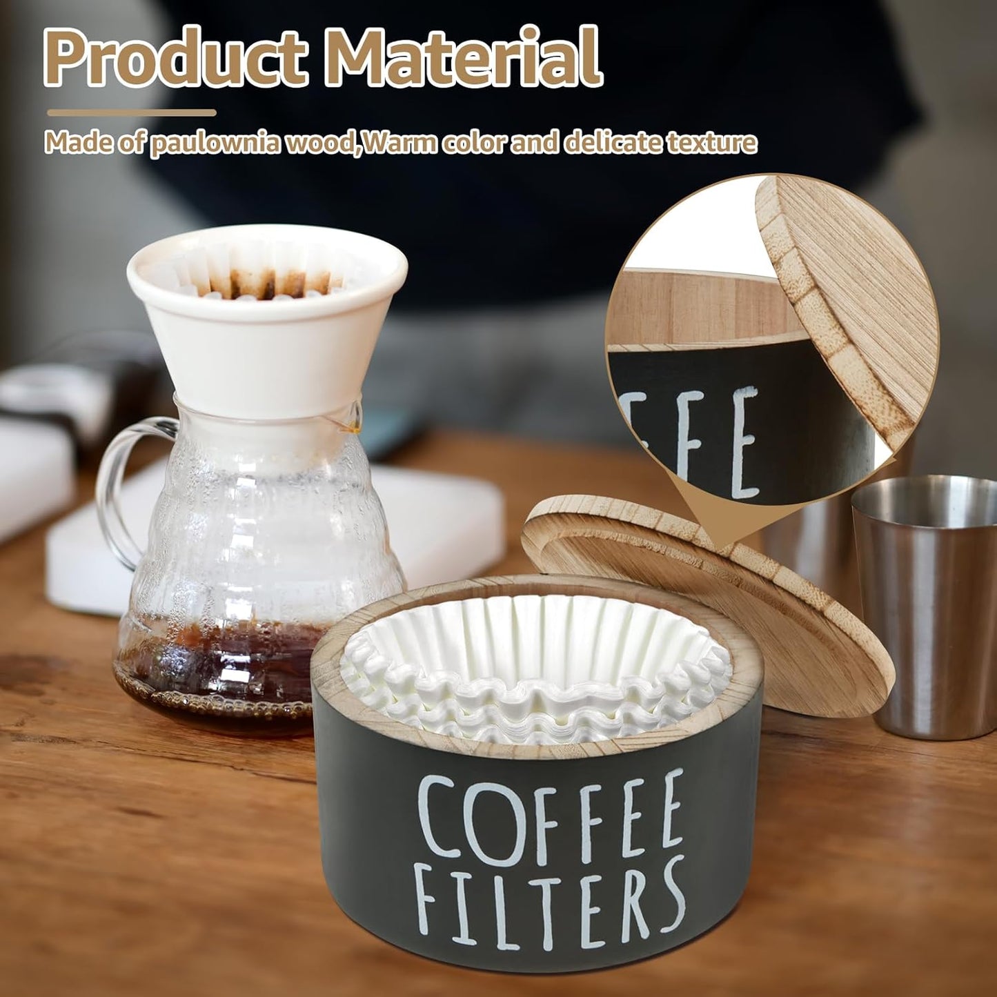 Wooden Coffee Filter Holder & Storage Organizer - Large Capacity Rustic Coffee Filter Dispenser with Bamboo Lid, Multipurpose Coffee Pod & Filter Basket for Bar Counter, Kitchen, or Coffee Bar Decor
