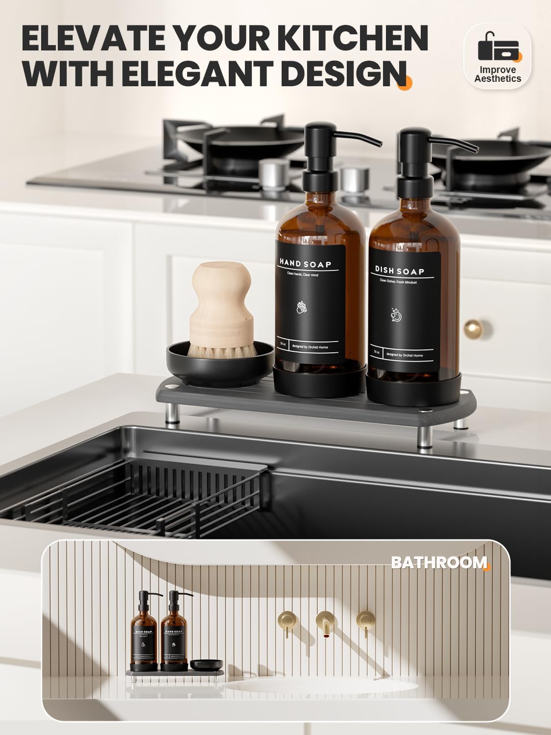 [Luxury] Kitchen Soap Dispenser Set - 16OZ Amber Glass Bottle, Stainless Steel Pump, Instant Dry Tray, Waterproof Labels, Non-Slip Silicone Pad, and Dish Brush | Upgrade for Your Kitchen and Bathroom