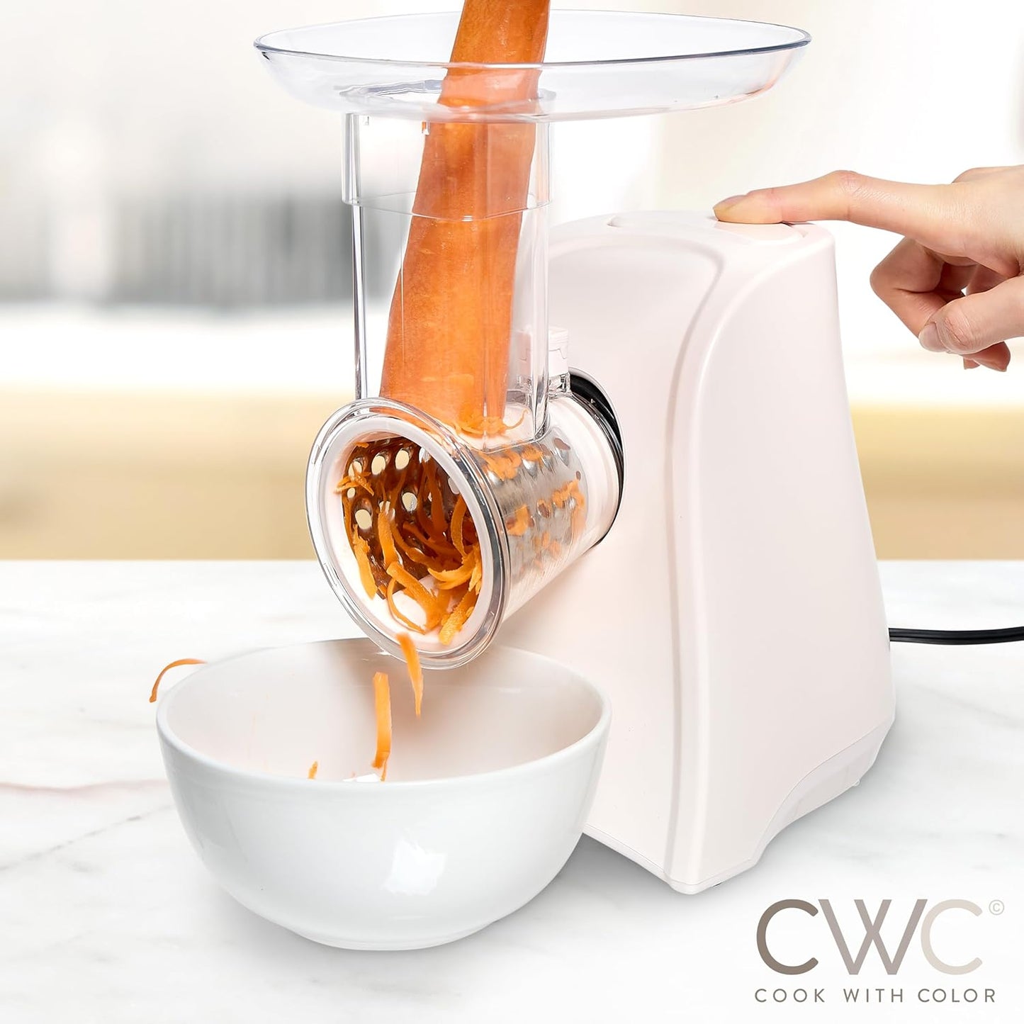 COOK WITH COLOR 5-in-1 Electric Slicer, 150W Food Prep Machine – Cheese Shredder, Fine & Coarse Graters, Potato Grater, Vegetable Slicer, Fruit, Salad Shooter, Compact Design for Bowl Prep, Cream