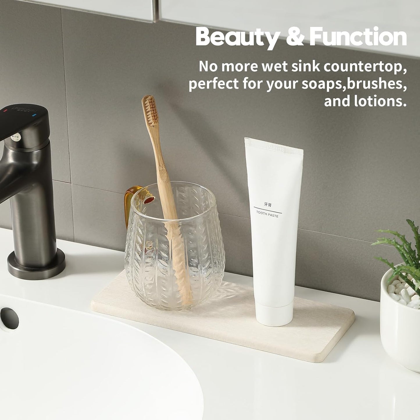 2PCS Bathroom Sink Vanity Trays, Water Absorbing Diatomite Stone Quick Drying Mat for Kitchen Counter,Faucet Splash Guard Dish Rack Soap Dispenser Sponge Holder Caddy Organizer,Beige, 9"x3.5"