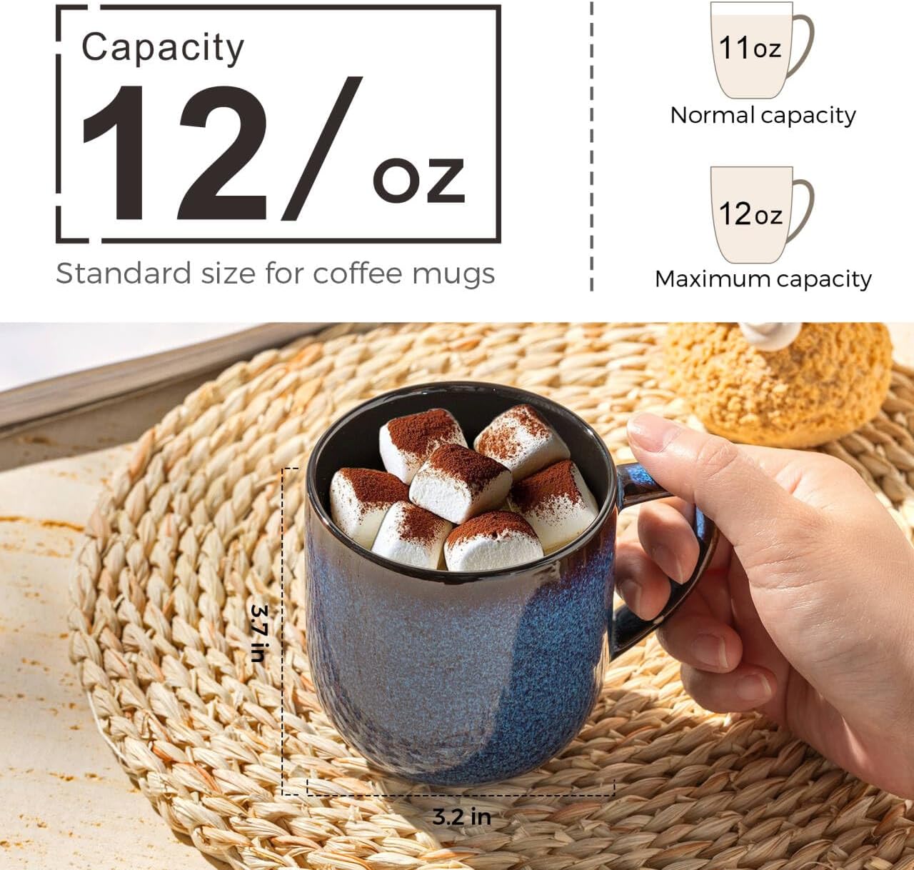 LERATIO 12OZ Ceramic Coffee Mugs Set of 6, Large Porcelain Coffee Cups With Large Handle For Latte,Cappuccino,Milk,Cocoa,|Dishwasher&Microwave Safe Mug Sets,Ideal for Man,Woman,Dad, Mom-Blue
