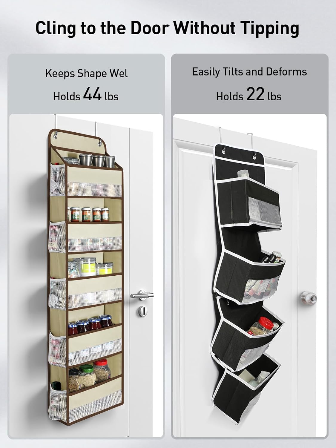 Yecaye 2 Pc Over the Door Organizer with 5 Bins 10 Side Pockets, 44lbs Load Hanging Bathroom and Bedroom Organizer, behind the Door Hanging Organizers for Nursery Newborn Baby Essential Stuff Beige