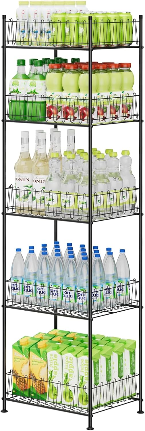 5 Tier Water Bottle Storage Rack Freestanding Metal Water Bottle Holder Shelf Organizer Drink Beverage Soda Can Organizer Storage Rack Bottled Water Stand for Floor Pantry Kitchen Food Storage, Black