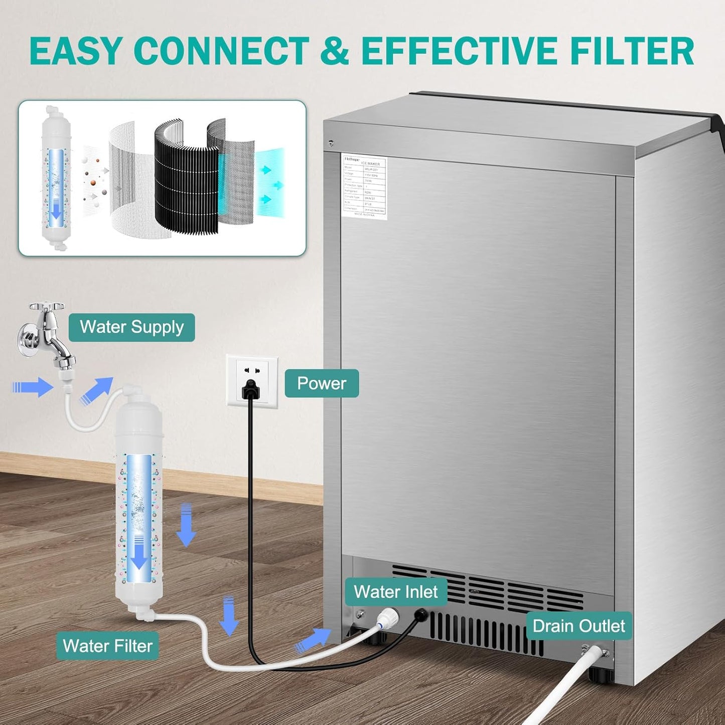 Commercial Ice Maker Machine, 150Lbs/24H with 45Lbs Large Ice Capacity, 55Pcs Clear Ice Cubes Ready in 8-15Mins, Freestanding Stainless Steel Ice Making Machine for Home Party Bar