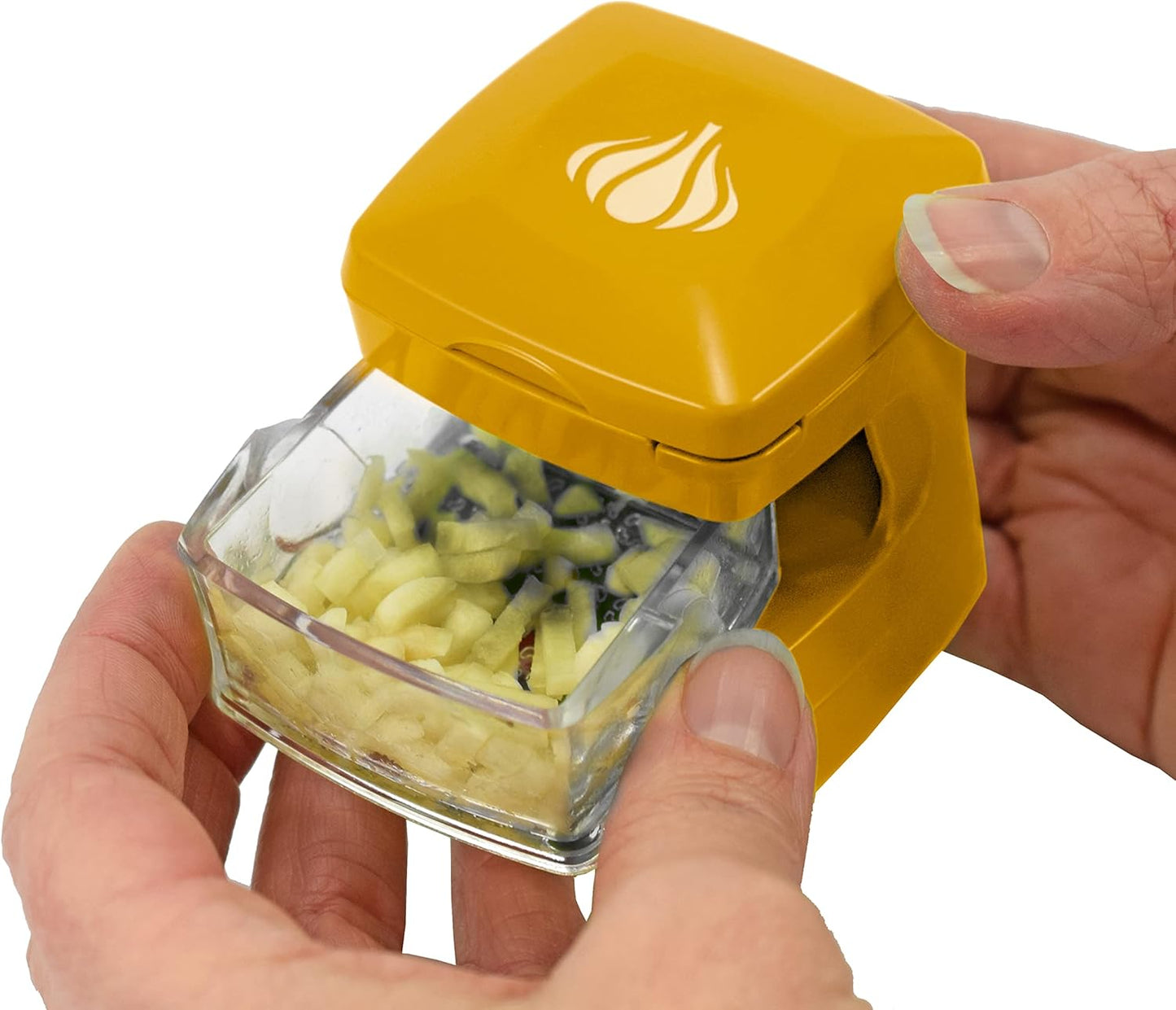 Garlic-A-Peel Garlic Press, Crusher, Cutter, Mincer, and Storage Container - Includes Silicone Garlic Peeler - Easy to Clean - Stainless Steel Blades – (Honey), standard