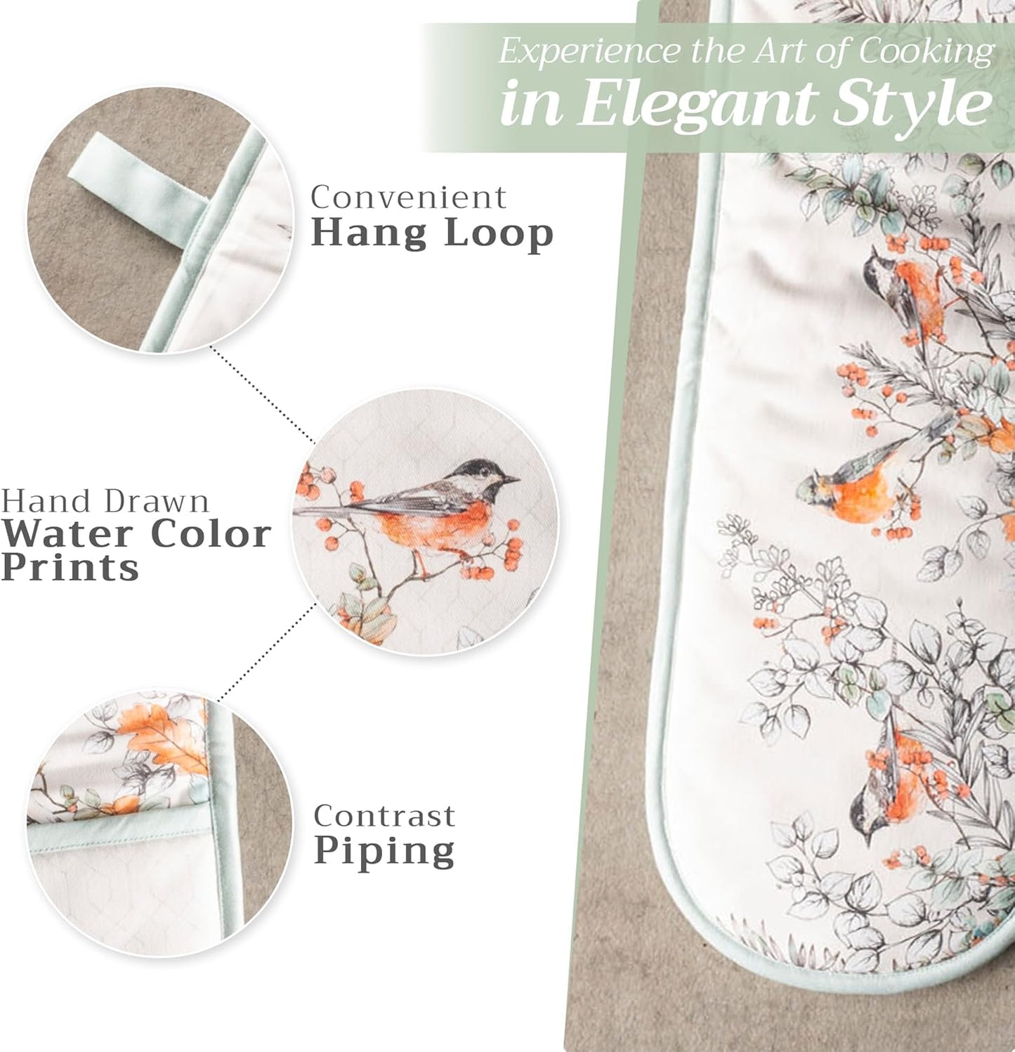 Maison d' Hermine Double Oven Mitt 100% Cotton Heat Resistant Cooking Gloves with Loop, Baking Barbeque, Handling Hot Pan, Whitish Shabby Chique - Thanksgiving/Christmas (7 Inch x 35 Inch)