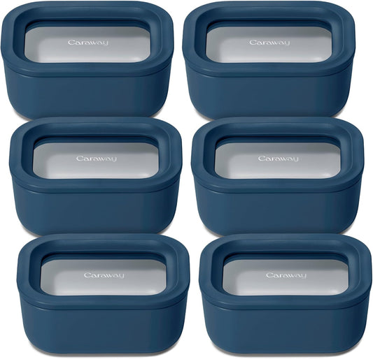 Caraway 6pc Glass Food Storage Set - 2.6 Cup Storage Containers For Food (6) - Non-Toxic Ceramic-Coated Glass - Air Release Technology - Compact & Stackable Design - Navy