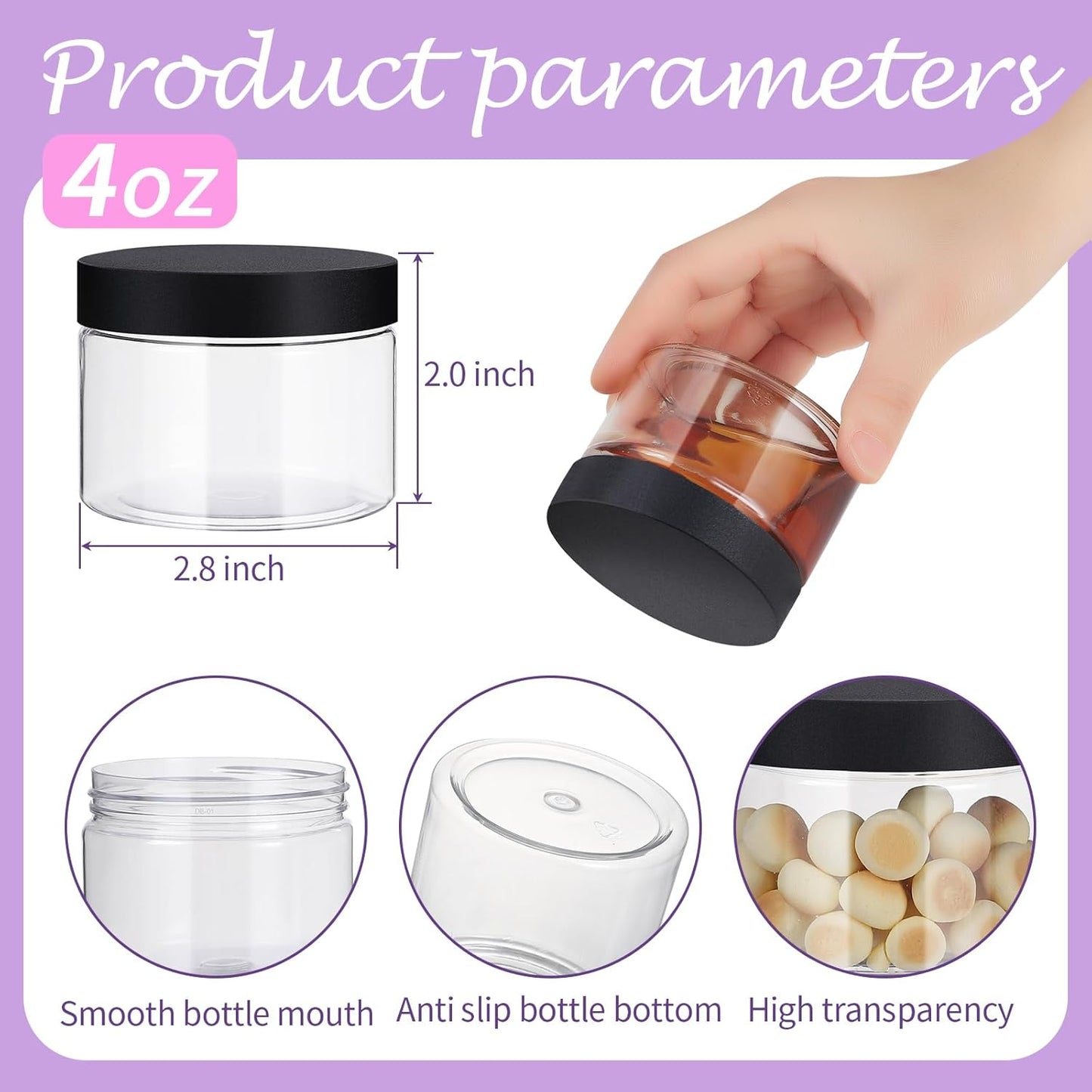 72 PCS 4 OZ Plastic Jars with Screw On Lids,Labels Refillable Empty Round Slime Cosmetics Containers for Storing Dry Food, Honey Jam, Cream, Butter, Lotion, black