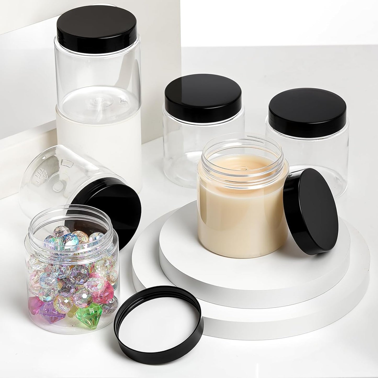 SATINIOR 6 Pack 12 oz Plastic Jars Containers with Lids Wide-mouth Refillable Leakproof Reusable Round Empty Jars for Travel Cosmetic Dry Food Spice Cookie Candy Home Kitchen Organizing(Black)