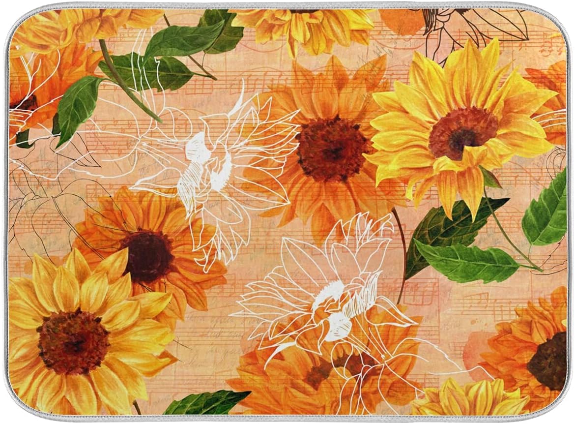 Super Absorbent Dish Drying Mat, Microfiber Fast-Drying Dish Mat, 24" x 18", Kitchen Dish Drying Pad, Watercolor Sunflowers