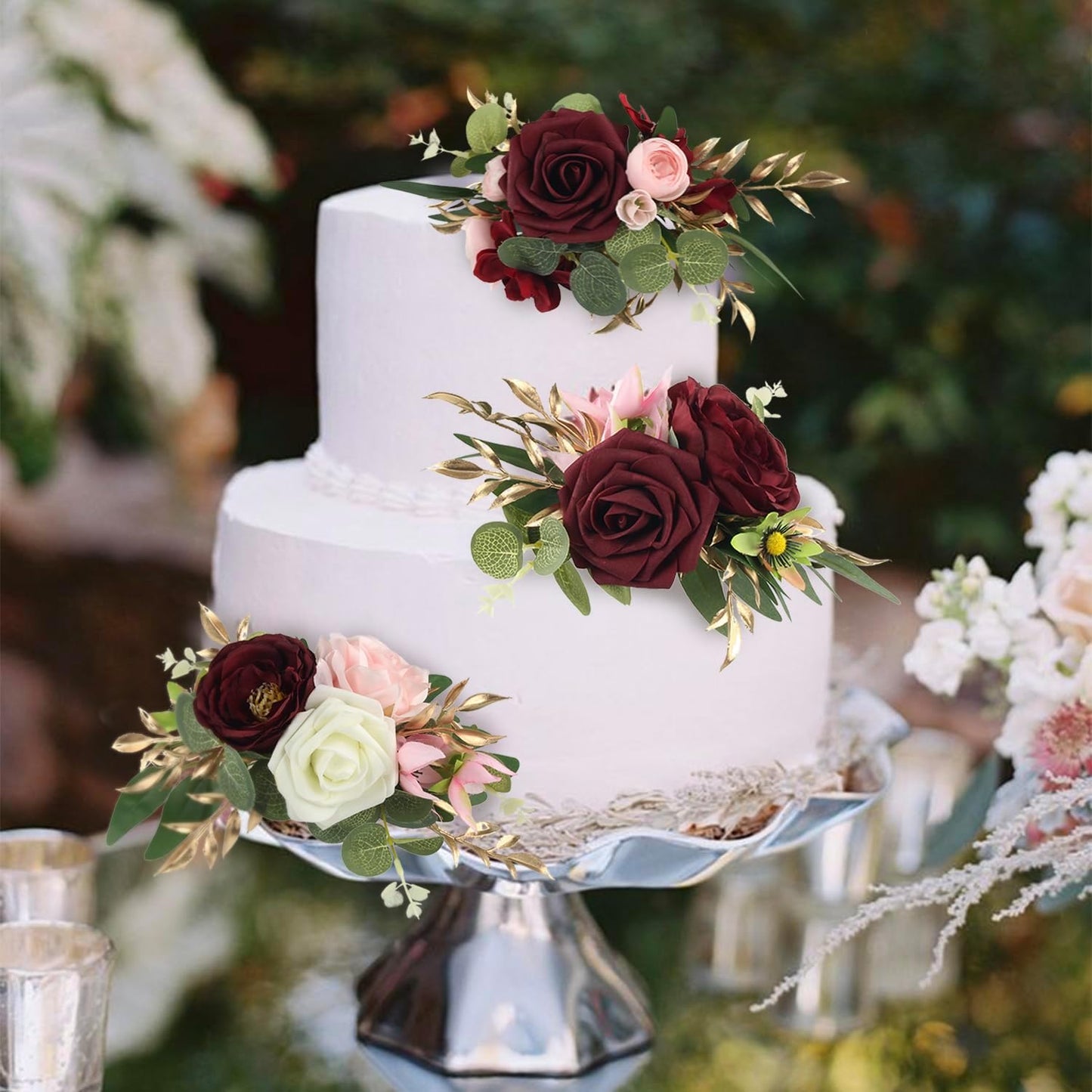 Rinlong Pre-made 3Pcs Cake Toppers Burgundy Flowers Cake Decorations Wedding Cake Decorating Flowers Decor Birthday Baby Shower Party Christening Christmas Cake Toppers