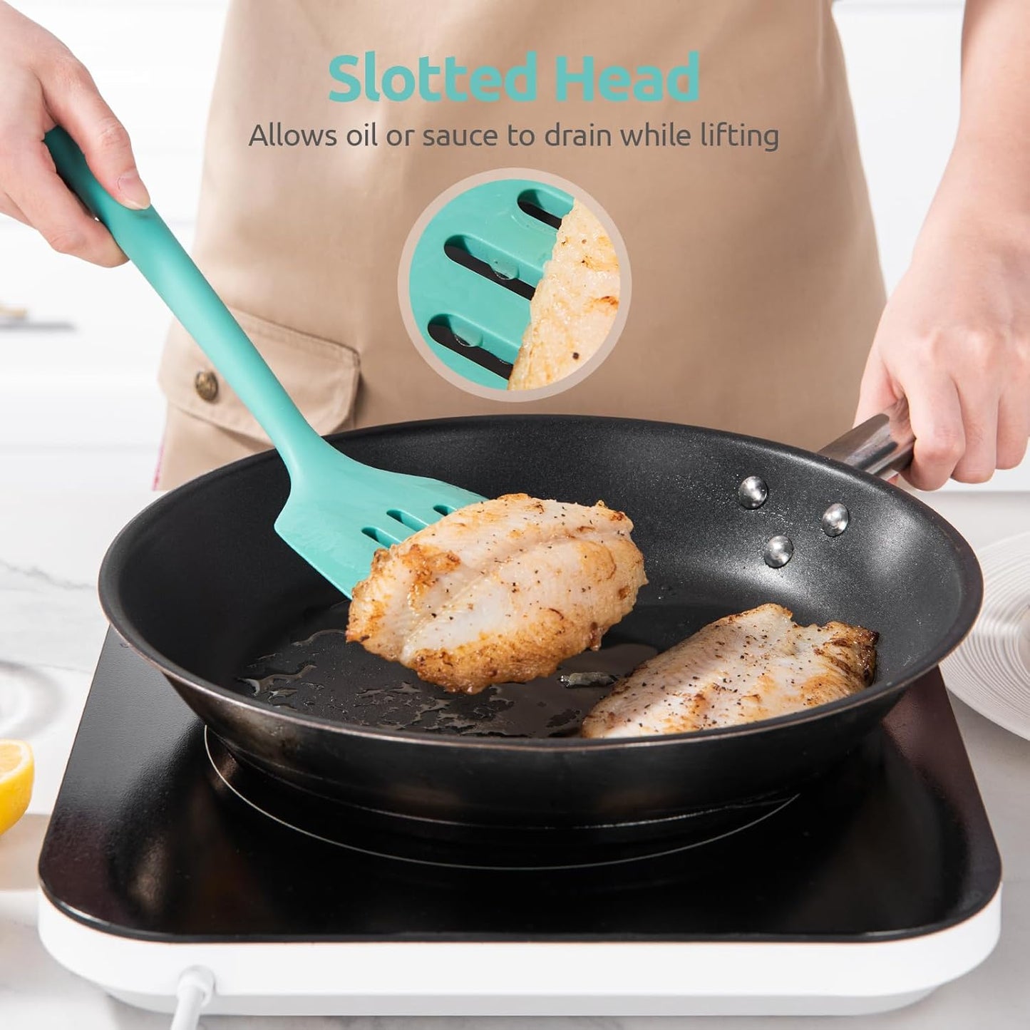 13.6" Slotted Silicone Turner: U-Taste 600ºF Heat Resistant Kitchen Spatula Flipper, Food Grade Flexible Wide Seamless Rubber Cooking Utensil for Egg, Omelette, Burger in Nonstick Cookware (Aqua Sky)