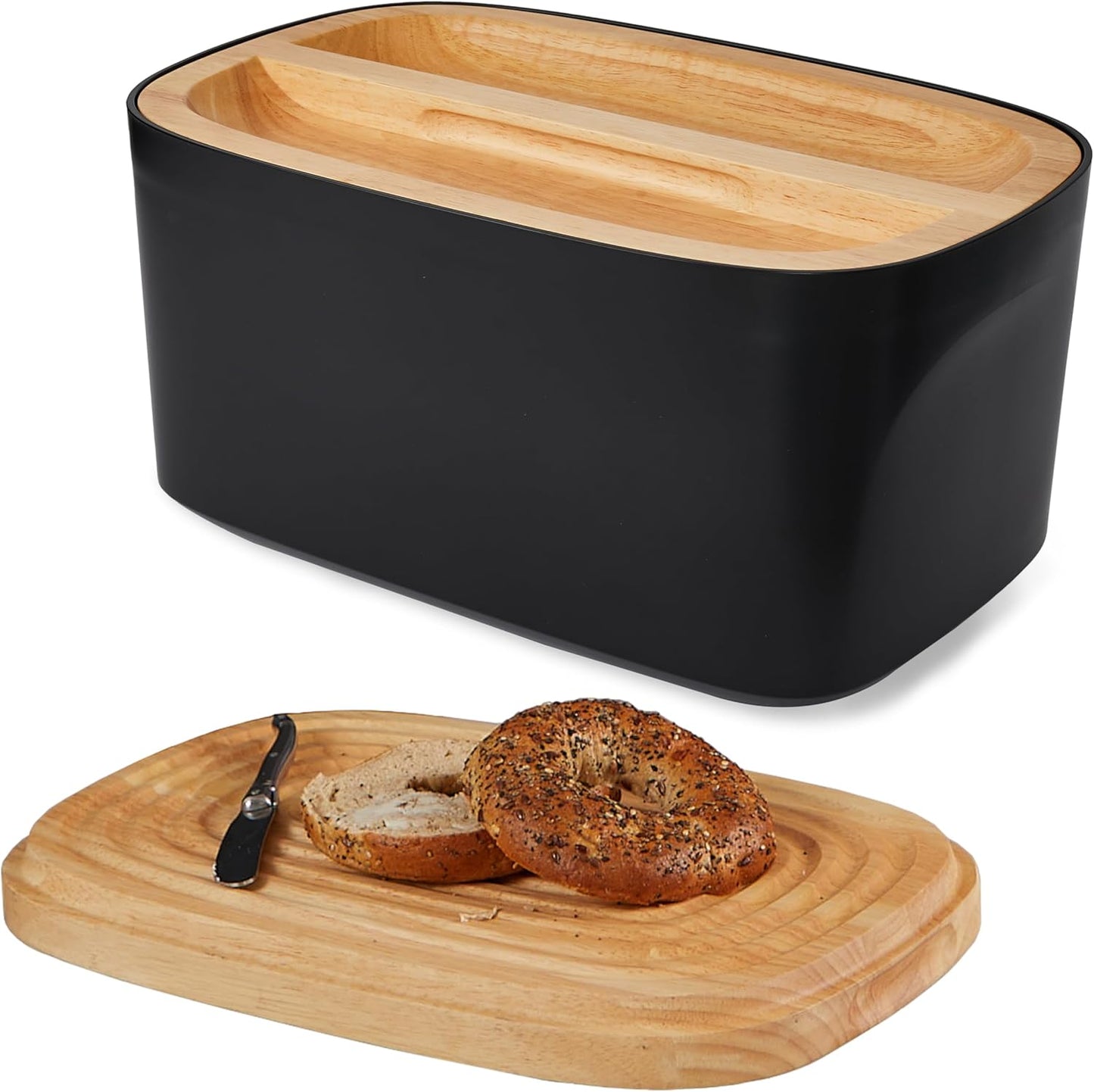 Sonder Los Angeles, Modern Bamboo Fiber and Recycled Plastic Bread Box (Black) for Kitchen Countertop with Reversible Bread Board Wood Lid 14.25 x 9.25 x 7 in