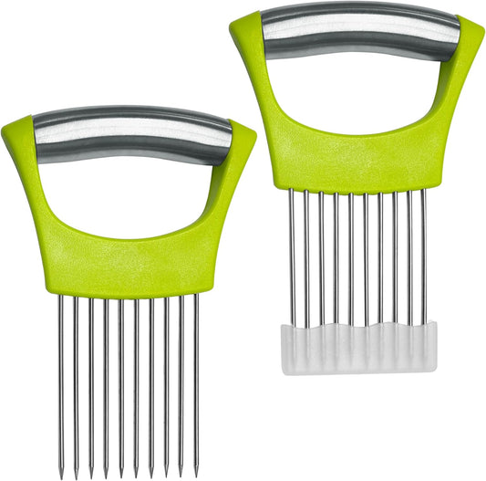 2 Pcs Onion Slicer holder,Premium Vegetable Slicing Tool for Potato and Tomato, Food Cutter Assistant Tool for Slicing Fruit Lemon and Meat, Stainless Steel Kitchen Tool, (Green)