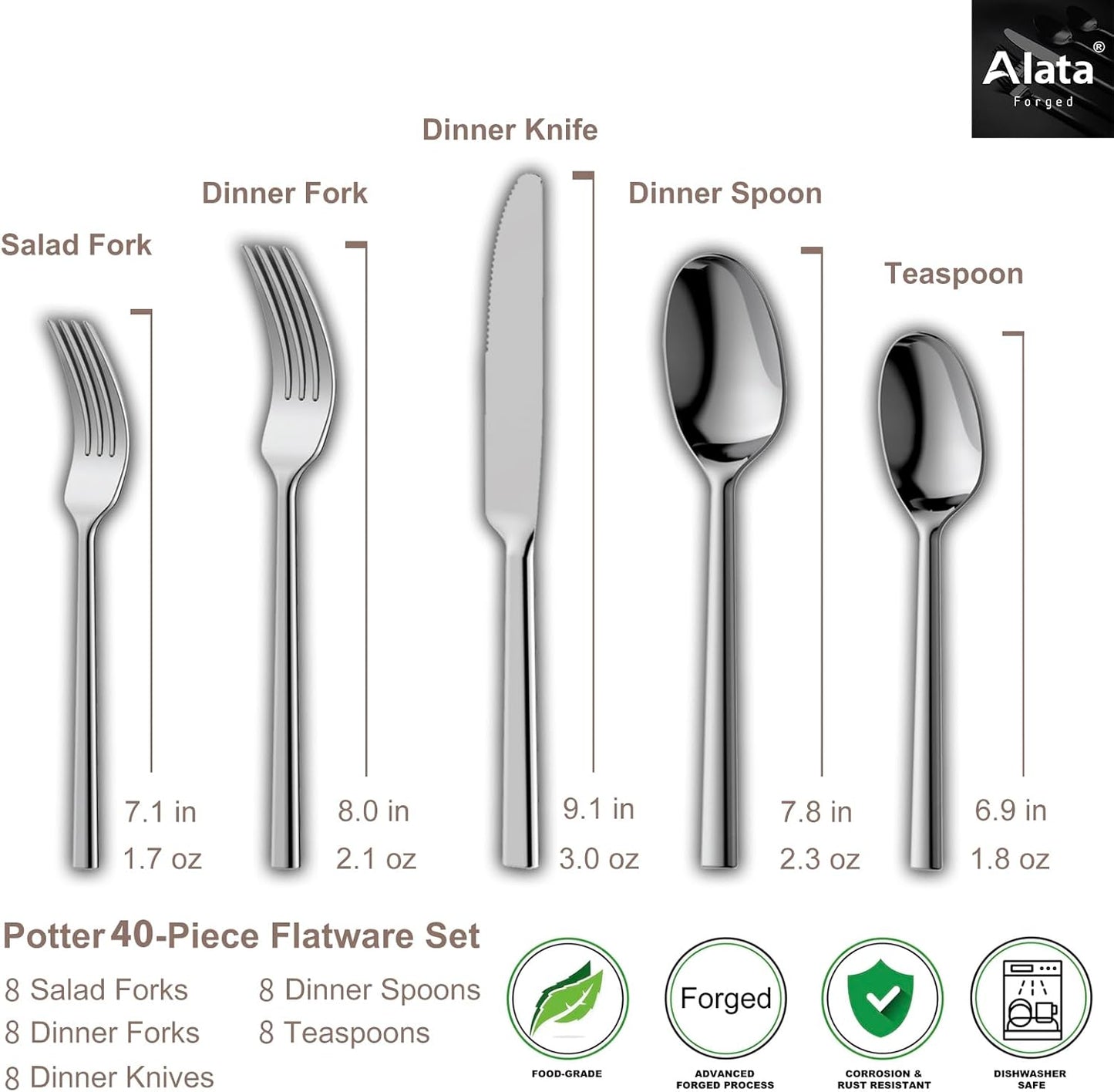 Alata Potter 40-Piece Forged Silverware Set Stainless Steel Flatware Set Cutlery Set, Service for 8, Mirror Finish, Dishwasher Safe