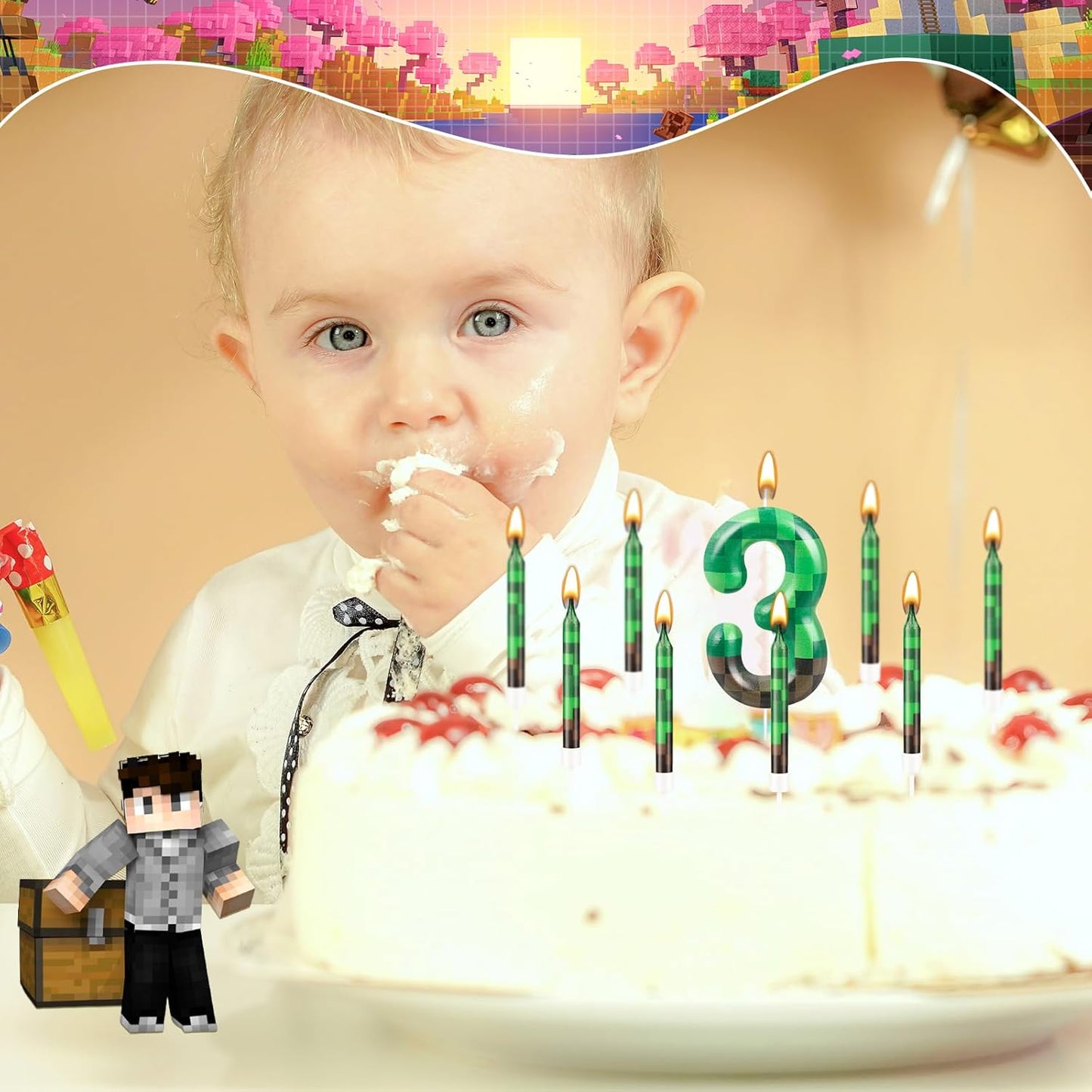 13 Pcs Dynamite Themed Birthday Candles & Number 3 Candle Topper for Pixel Theme Parties