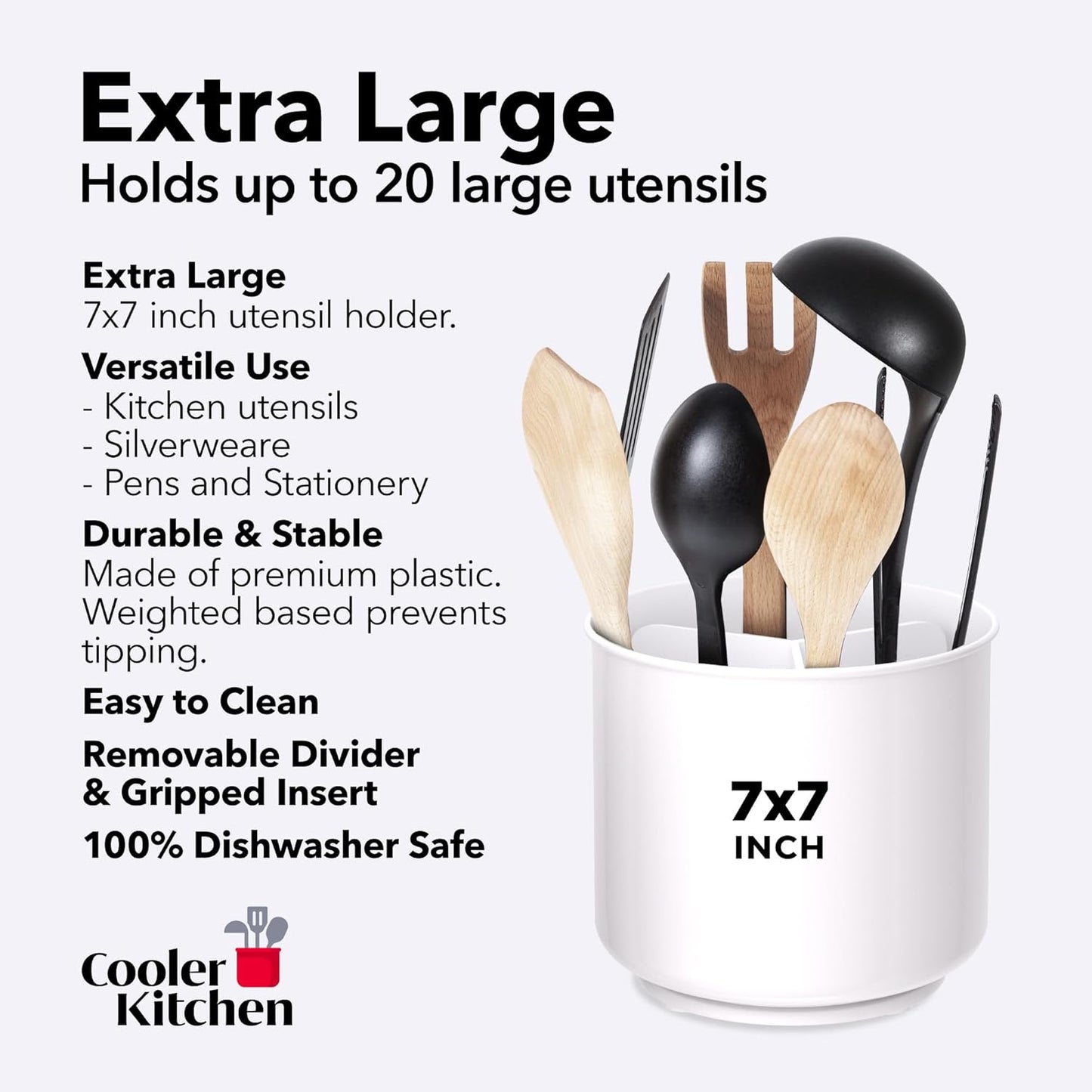 Rotating Extra Large White Plastic Utensil Holder Caddy with Sturdy No-Tip Weighted Base, Removable Divider, and Gripped Insert - Dishwasher Safe Kitchen Utensil Holder for Countertop