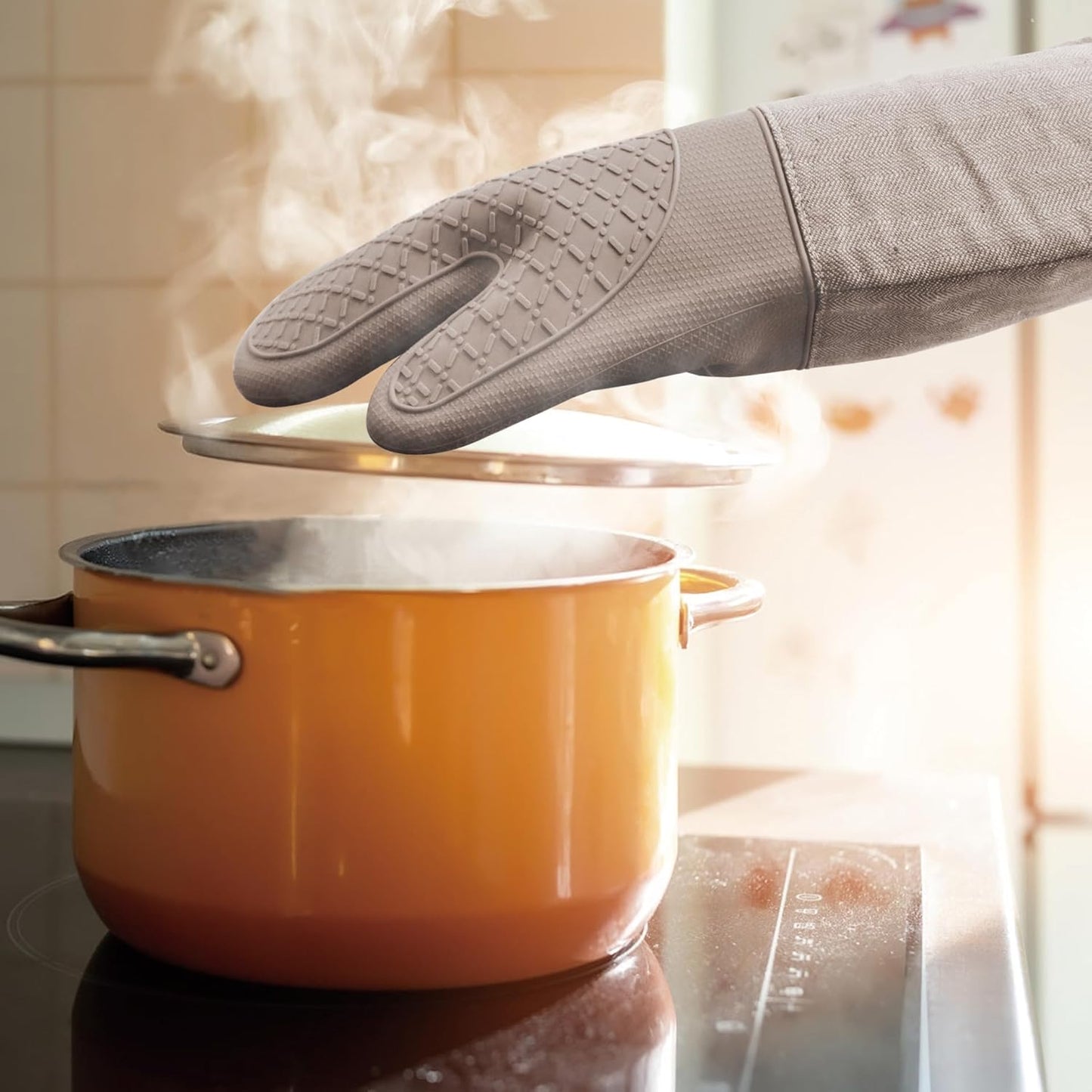 Professional Microwave Silicone Oven Mitts one Pair, Kitchen Mitten Set for Heat Resistant with 500 Degrees, Kitchen Gloves Pot Holder for BBQ Cooking Baking (Khaki)