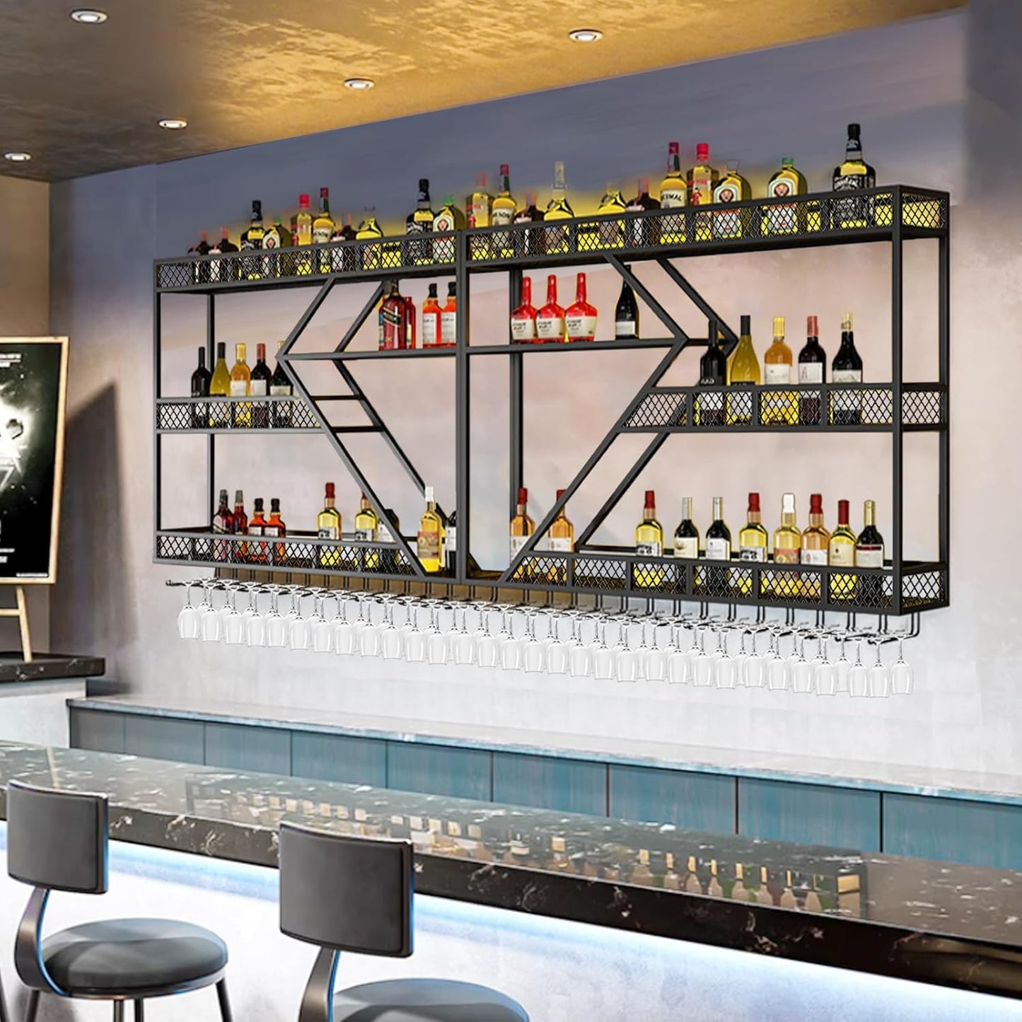 Metal Wine Rack Wall Mounted, Modern Wine Storage Rack Wall Mounted with Wine Glass Holder, Liquor Shelf, Bar Shelves for Liquor Bottles (3TIERS Gold, 78.7 * 7.87 * 33.85INCH)