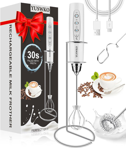YUSWKO Milk Frother Handheld for Coffee with Stand, Rechargeable Drink Mixer with 3 Heads 3 Speeds Electric Coffee Frother Whisk, Gift for Many Occasions and Festival