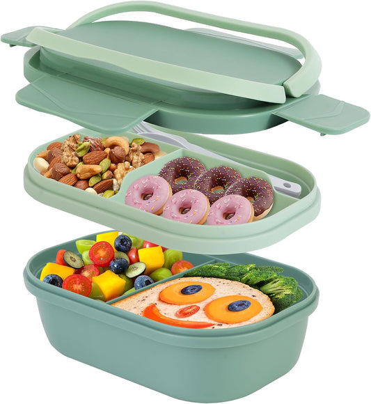 Hidden-Handle Bento Box Adult Lunch Box, Leak-Proof Lunch Containers for Adults & Kids, 2-Layer 5-Compartment 6 Cup with Utensils, Green