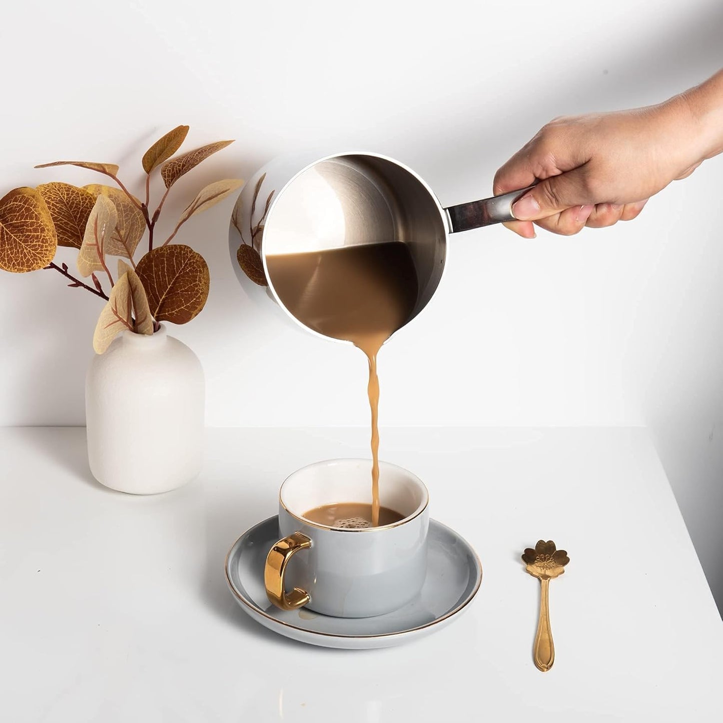 IMEEA Milk Warmer Pot Turkish Coffee Pot 18/10 Tri-Ply Stainless Steel Butter Warmer with Spout (30oz/900ml)