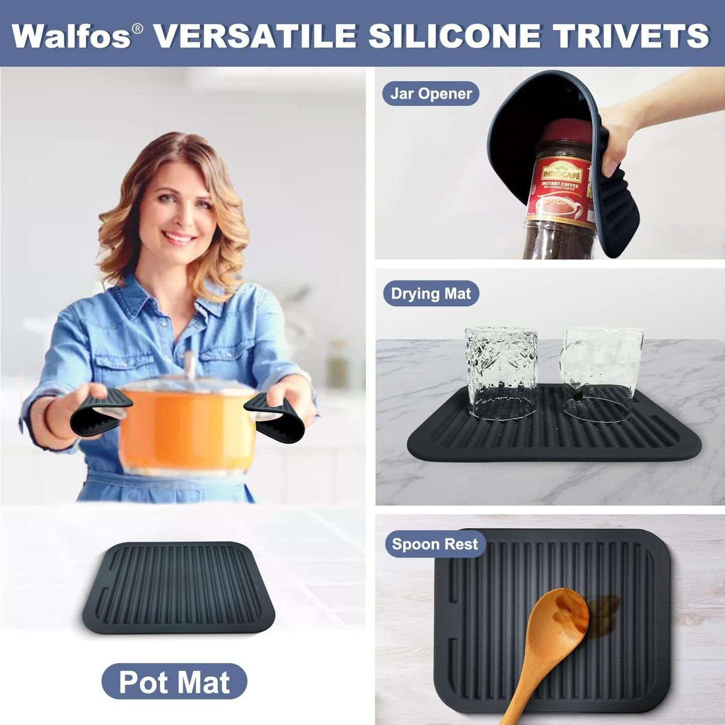 Walfos Trivets for Hot Dishes, Multi-Purpose Silicone Pot Holders, Hot Pads for Kitchen Hot Pots and Pans, Heat Resistant Silicone Mats for Kitchen Countertops, Non-Slip, 2 Pack, Black
