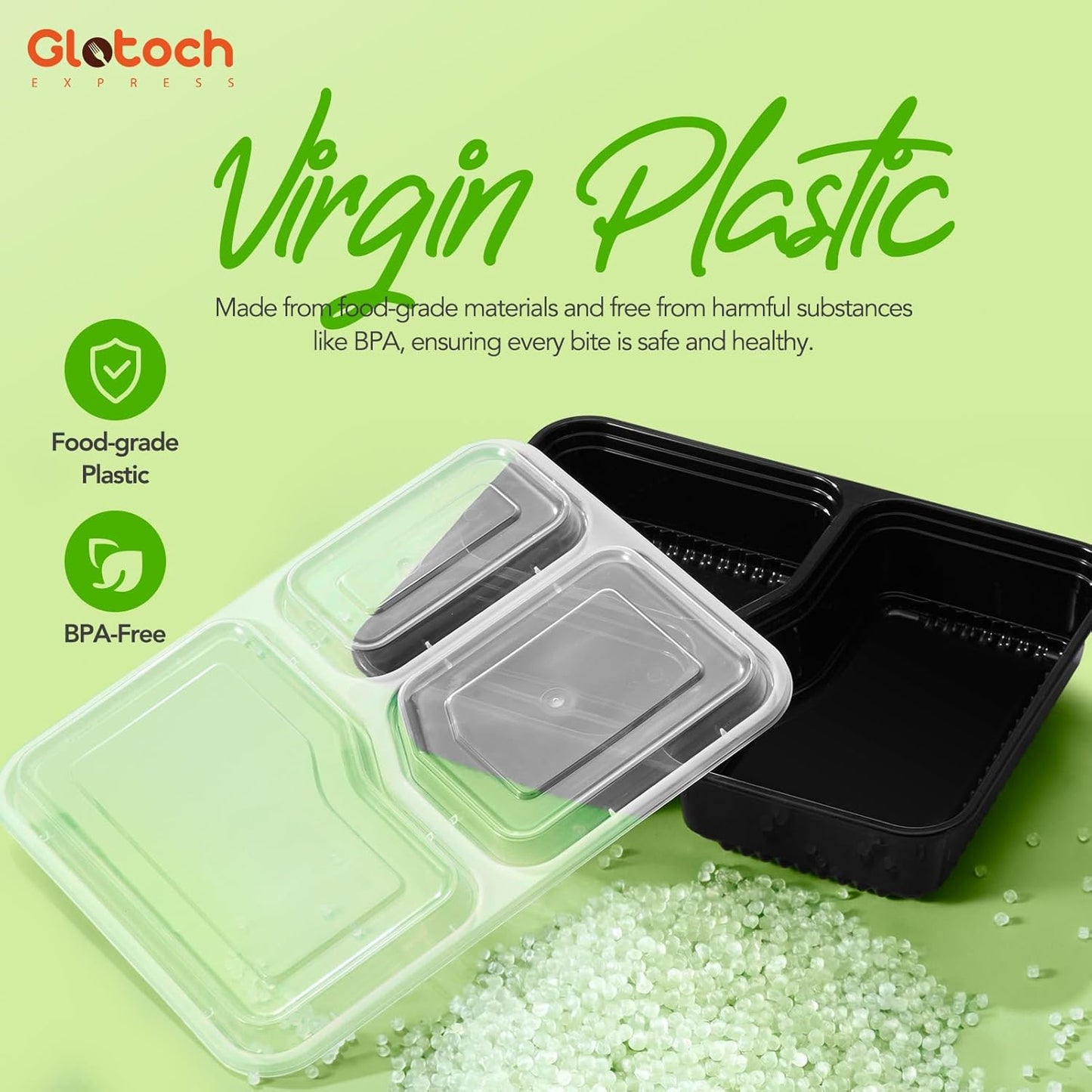 Glotoch 50 Pack (100-Piece) 34oz Meal Prep Containers Reusable with Lids 3-Compartment Containers Microwave, Freezer, Dishwasher Safe - Leakproof Durable To Go Take Out Plastic Food Storage