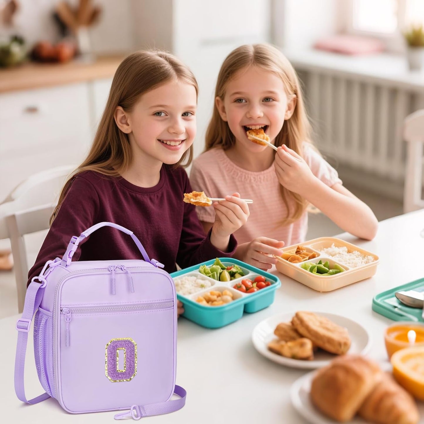 Initial Insulated Lunch Bag for Girls Kids, Back to School Gift, Reusable Leak-proof Lunch Box with Adjustable Strap for School Daycare Travel Picnic (Purple,O)