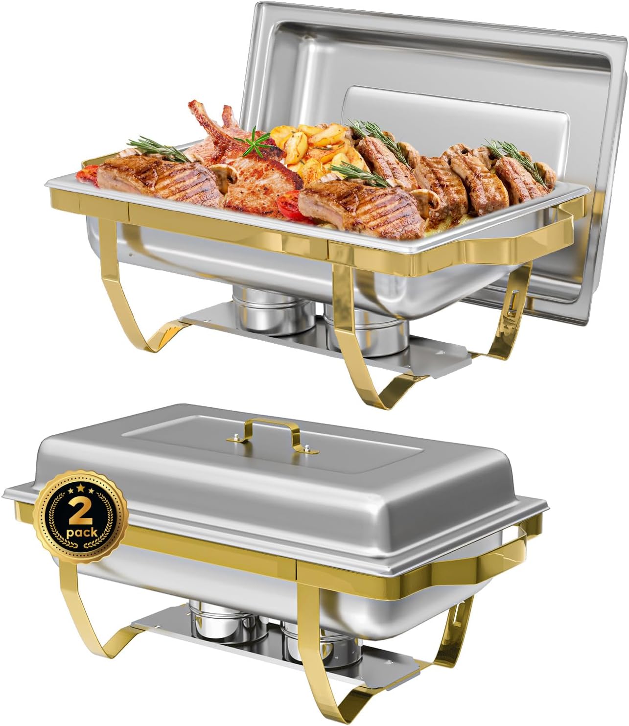 Chafing Dish Buffet Sets of 2, 8QT Stainless Steel Rectangular Chafers and Buffet Warmer Sets for Catering, with Food & Water Pan, Lid, Gold Foldable Frame, Fuel Holder for Event Party Holiday