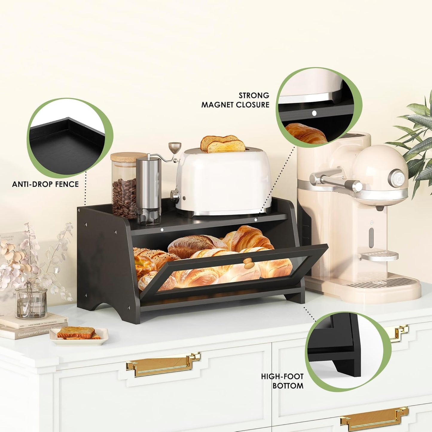 Bread Box for Kitchen Countertop, Large Bread Container Storage, Wooden Farmhouse Bread Box with Window Bread Holder (Black)