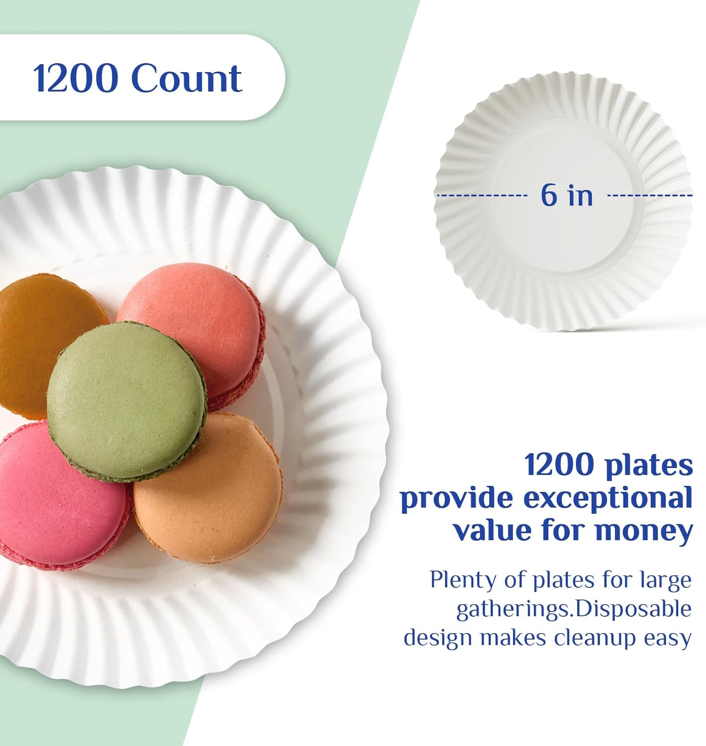 MUCHII 1200 Count 6 Inch Paper Plates, White Uncoated Disposable Dessert Plates for Snacks, Cake, Candy