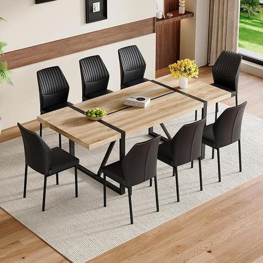 86.6" Dining Table Set for 8, Modern 9 Piece Wood Kitchen Table and Chairs Set, Rectangle Dining Room Table with 8 PU Leather Upholstered Chairs, Ideal for Home, Kitchen, or Apartment Dining