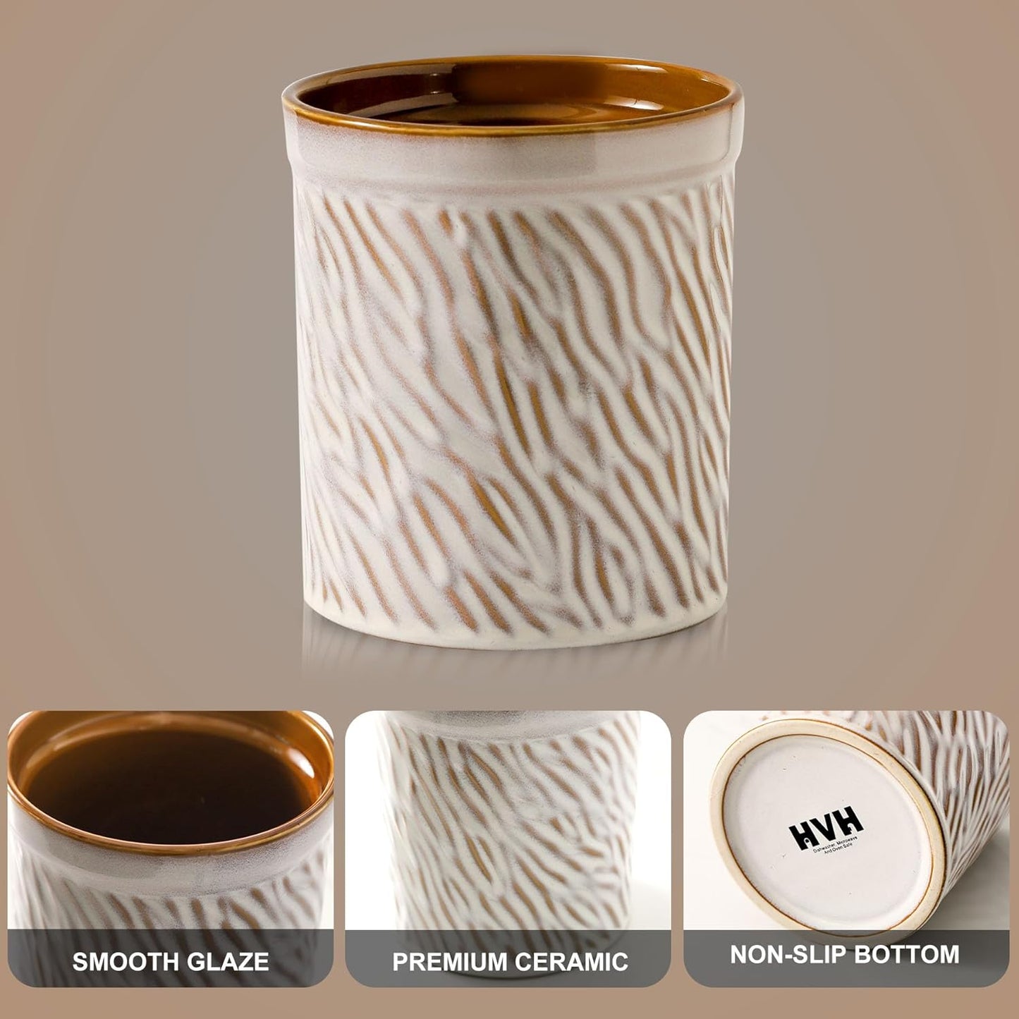 HVH Kitchen Utensil Holder for Countertop, 6 x 7 inch Large Utensils Holder, Ceramic Utensil Crock, Farmhouse Kitchen Décor, Big Utensil Holder, Deep and Heavy, Texture (Sand Color)