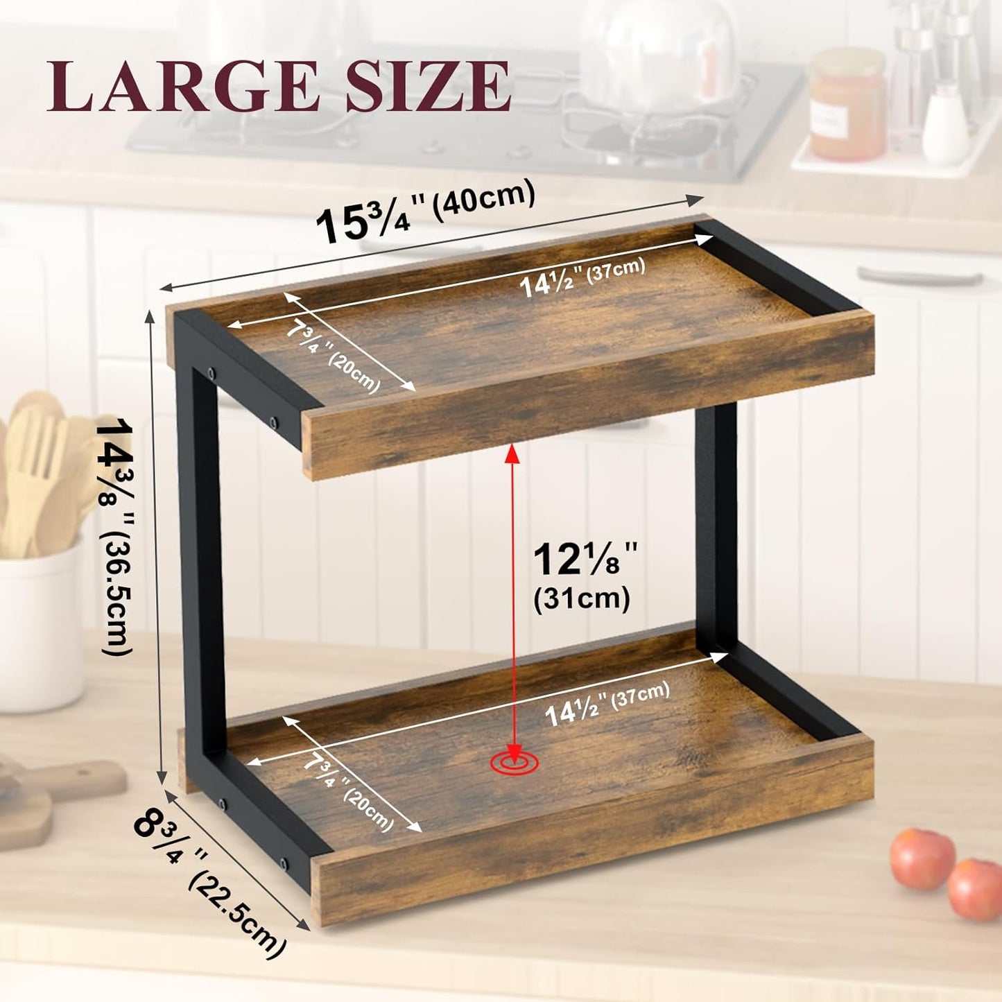 MARTY 2 Tier 15.75"x8.9" Large Countertop Shelf Organizer Spice Rack, Coffee Station Organizer for Mugs Cups, Wooden Shelf Desktop Storage Organizer for Kitchen Bathroom Home Office (Rustic Brown)
