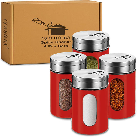 4-Piece Premium Stainless Steel Salt and Pepper Shakers Set – Adjustable Pour Holes Spice Dispenser for Salt, Sugar, Cinnamon, and Pepper – Stylish Kitchen Seasoning and Spice Shaker Set (Red)