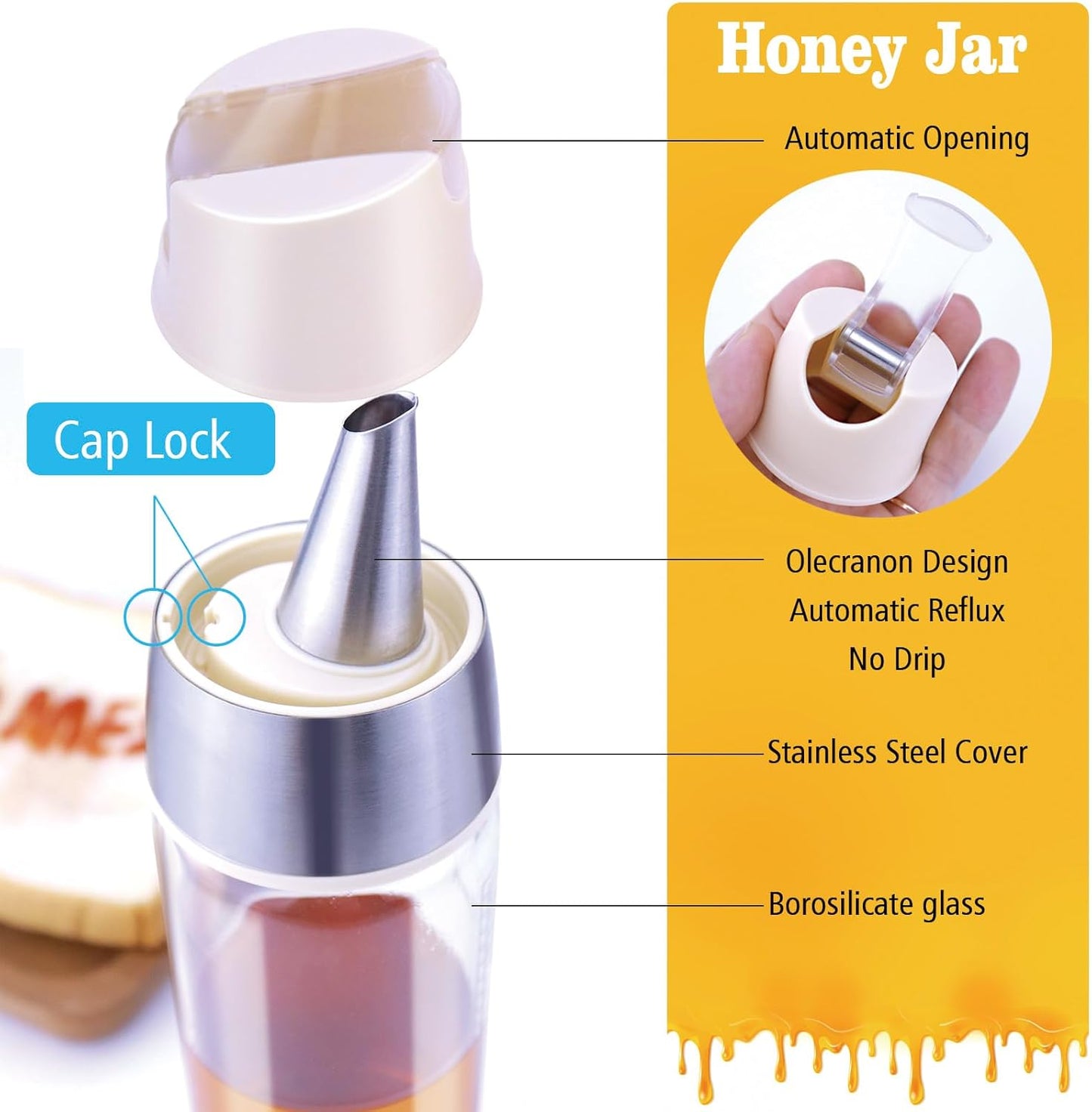 Honey Dispenser No Drip, Maple Syrup Bottle, Olive Oil Dispenser, Honey Jar with Stand, Beautiful Bottle Container, Perfect Honey Pot