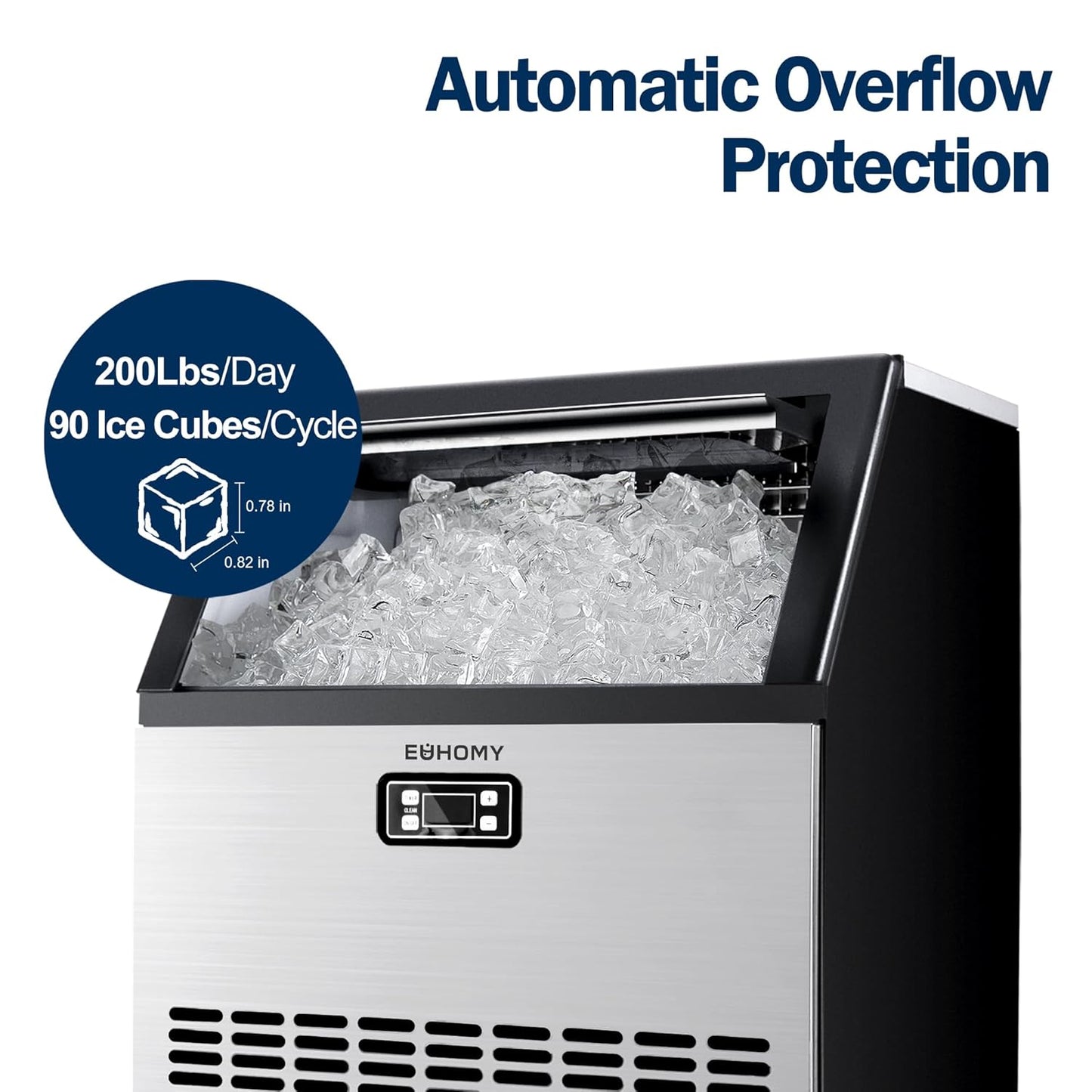 EUHOMY Commercial Ice Maker Machine, 200lbs Daily Output, Under Counter ice Machine with 65lbs Ice Storage Capacity, Perfect for Home/Bar/Restaurant/Outdoor Activities(Stainless Steel)