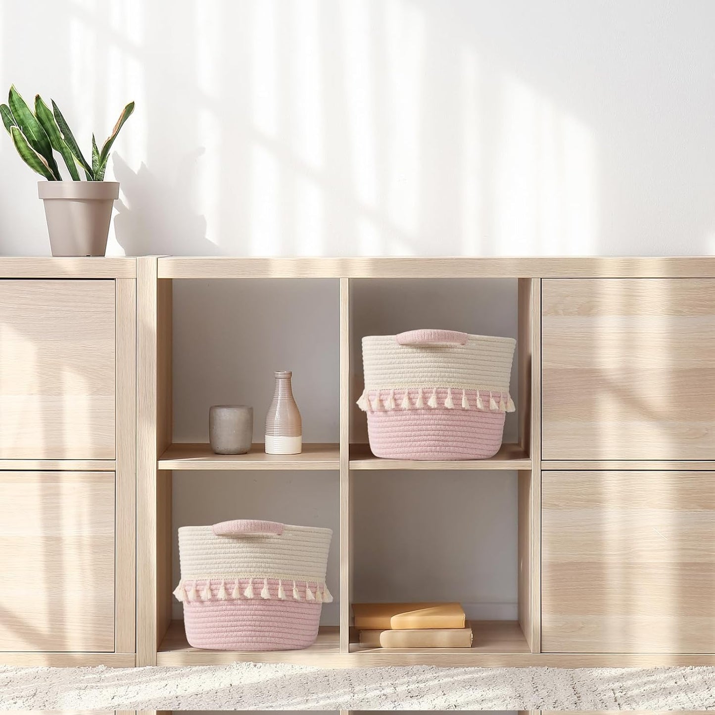 TeoKJ Storage Baskets 3 Packs, Storage Basket for toys,Towel, Storage Bins, Woven Basket for Shelves Bedroom Laundry Nursery, White & Pink