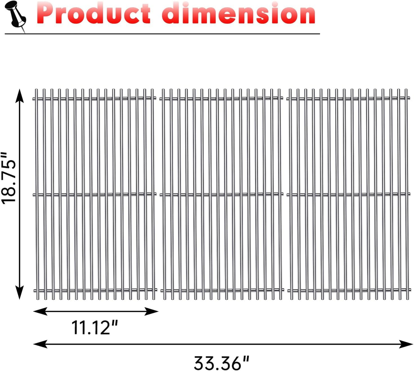 Grill Grates Parts for Weber Genesis Grill 66089, 66097, Weber Genesis II E-410, S-410, E/S-415, E/S-435, LX E/S-440, 18” Stainless Steel Grids BBQ Gas Grill Replacement Parts
