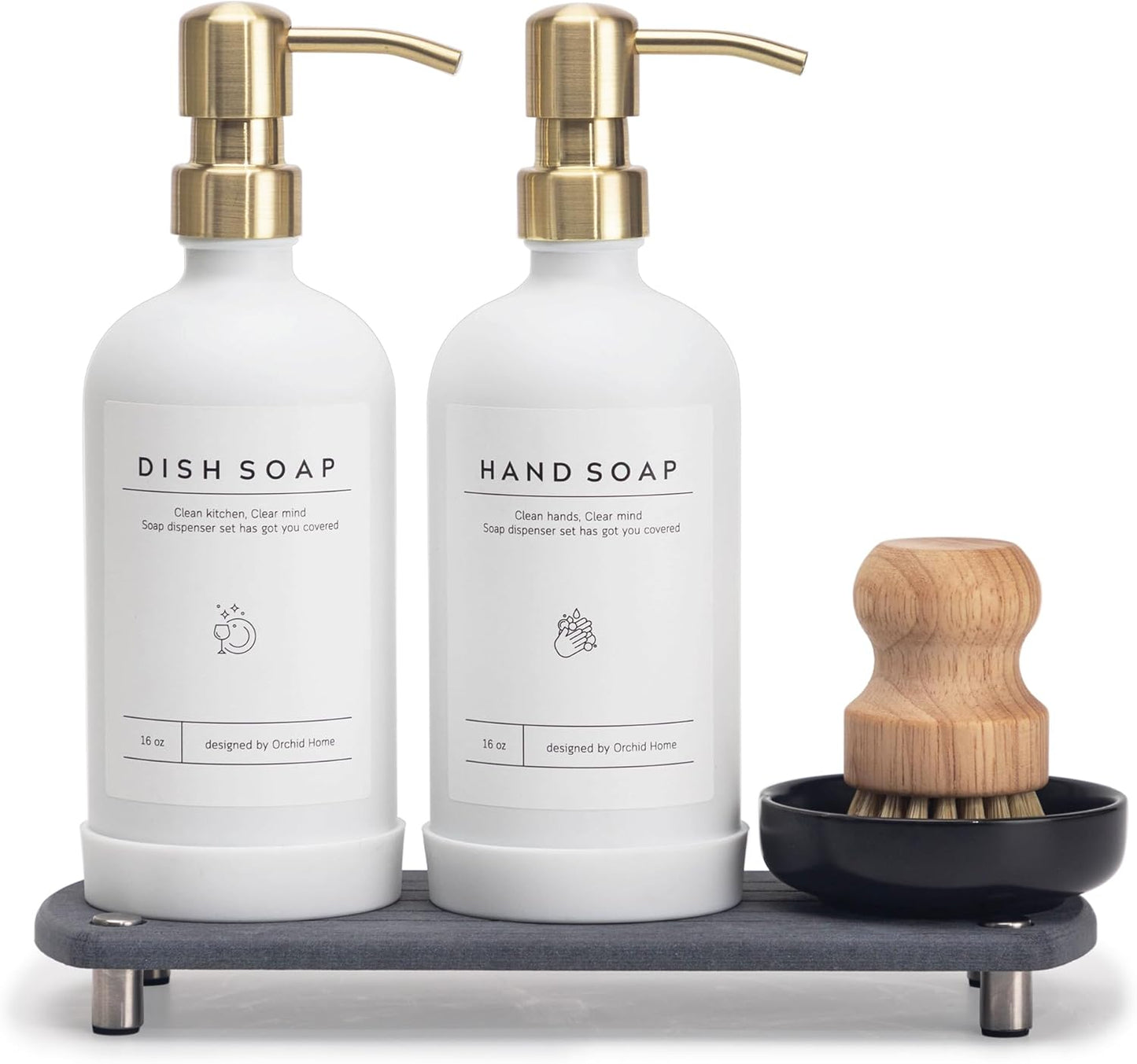 [Luxury] Kitchen Soap Dispenser Set - 16OZ White Glass Bottle, Stainless Steel Pump, Instant Dry Tray, Waterproof Labels, Non-Slip Silicone Pad, and Dish Brush | Upgrade for Your Kitchen and Bathroom