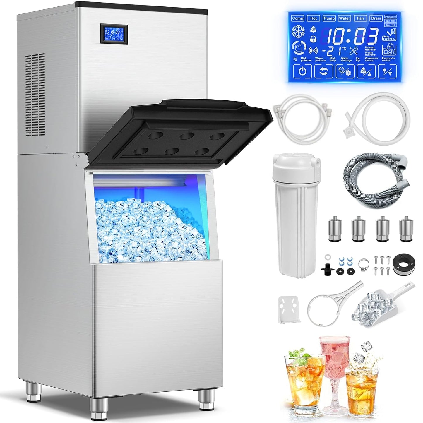 Ice Maker Commercial Ice Machine Large Capacity Stainless Steel 500 Lbs/24H Industrial Ice Machine, 350 Lbs Storage Commercial Ice Machines Free Standing, Cubes Ice Makers Commercial