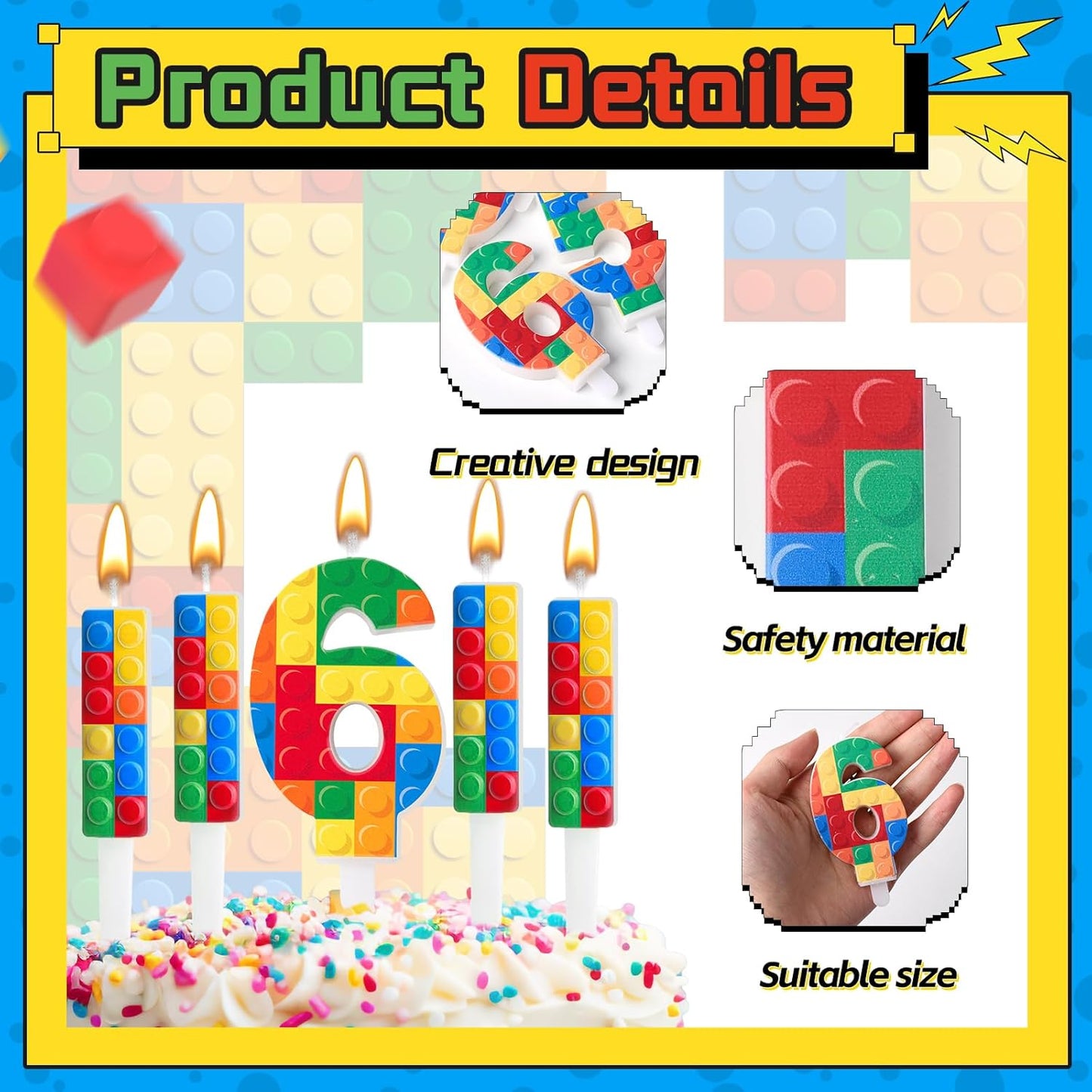 7 Pcs Building Block Themed Birthday Candles Set Building Blocks Number 6 Candle Cake Topper for Building Block Party Decoration Supplies (Number 6)