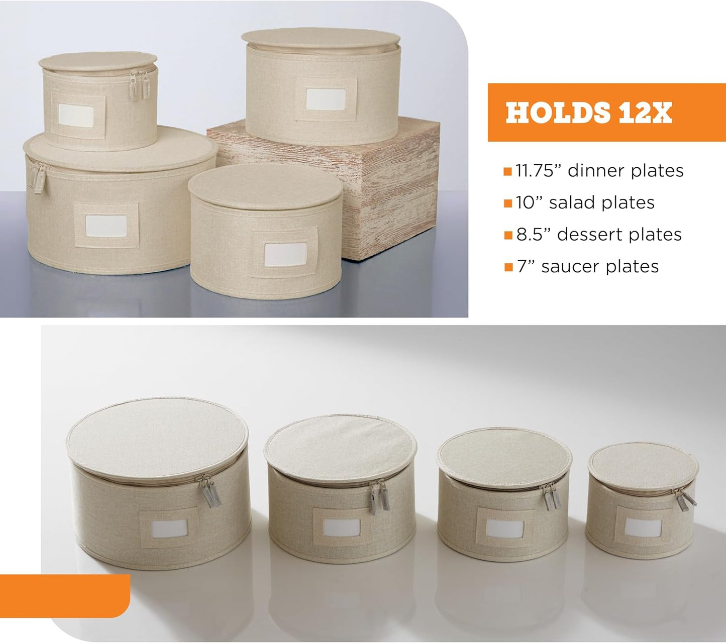 storageLAB China Storage Containers, Hard Shell Case with Felt Dividers for Charger Plates, and Dishes, Ideal for Kitchen Organization, Moving Supplies, and Fine China Storage - 4-Piece Set, Cream