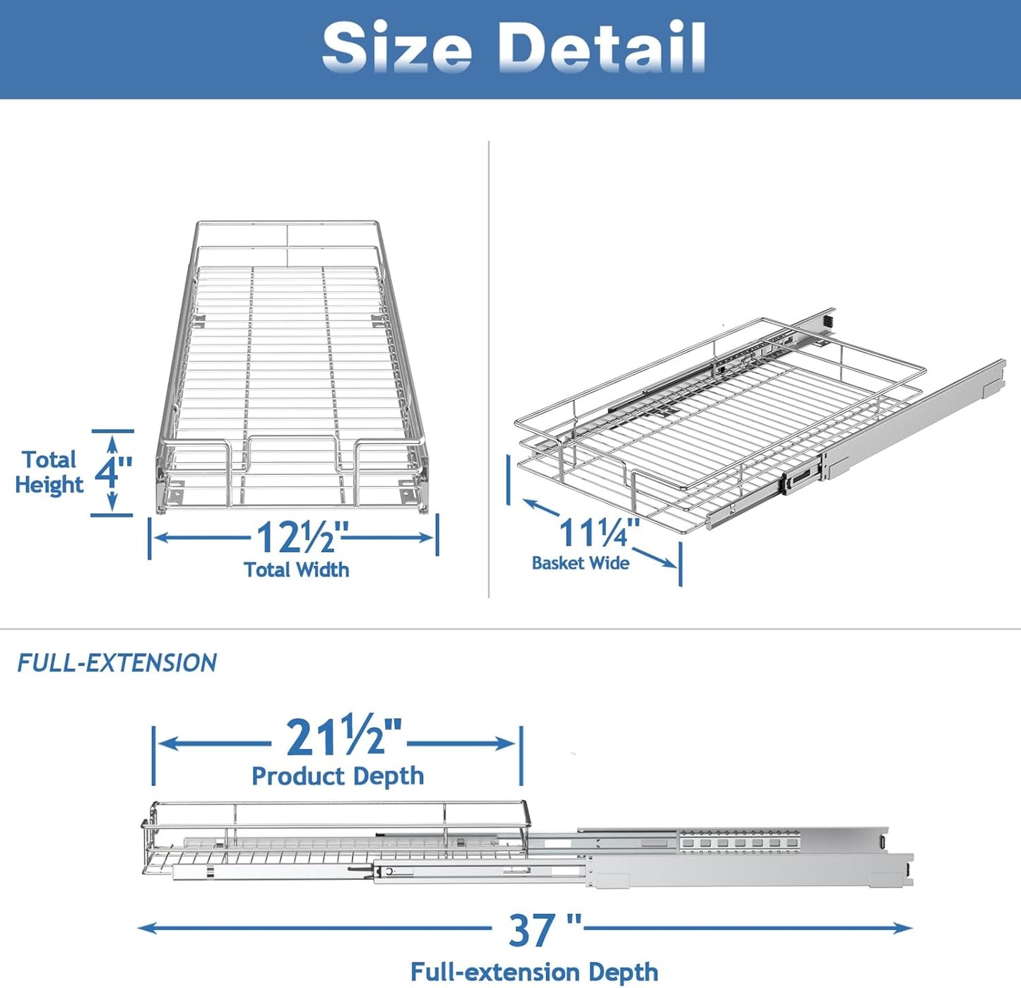 ROOMTEC Pull Out Cabinet Organizer, Cabinet Pull Out Shelves 12½" W x 21½" D, Heavy Duty Cabinet Drawers Slide Out Kitchen Cabinet Organizers Storage Shelf