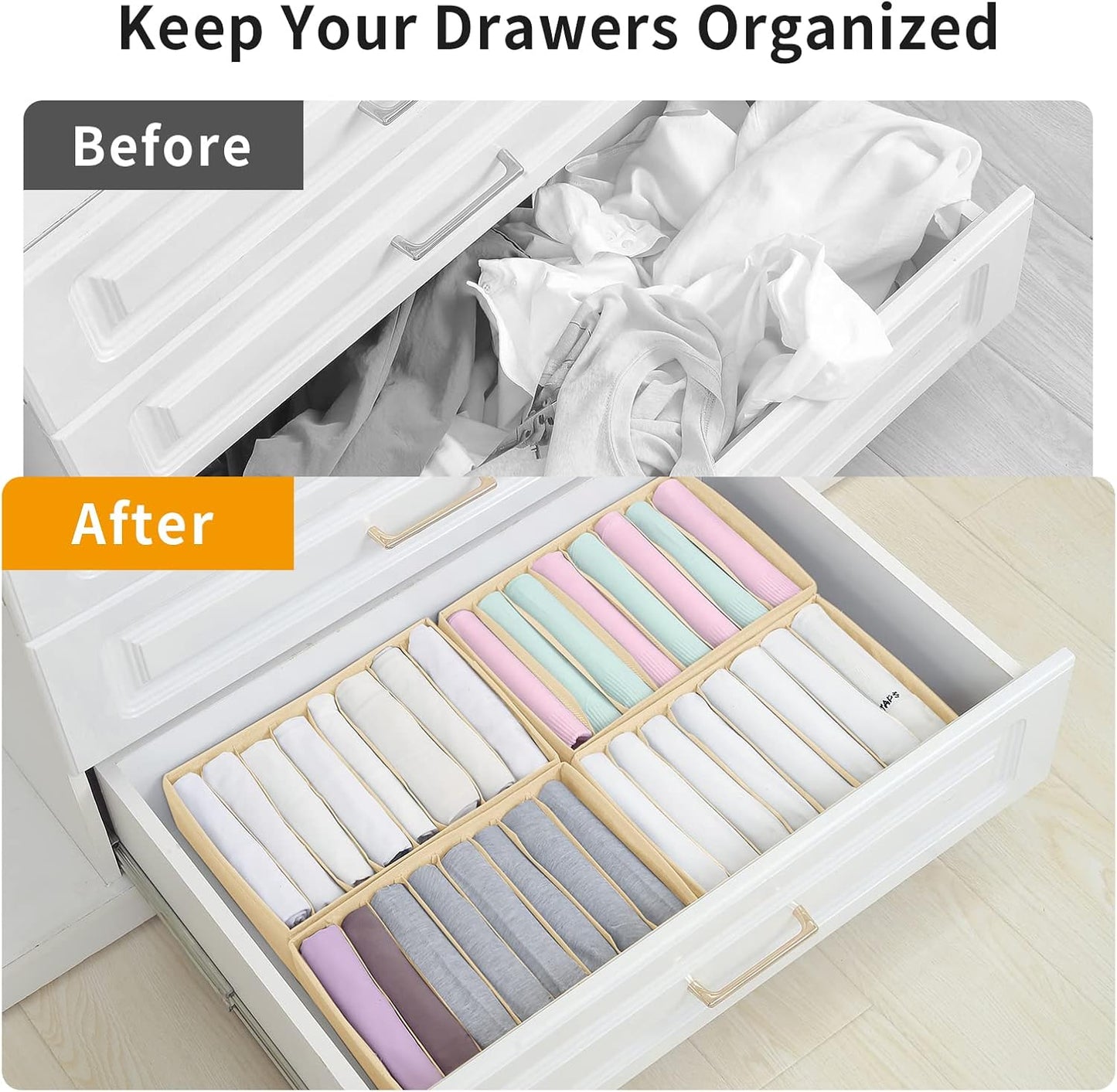 Qozary 4 Pack Drawer Organizers for Clothing, 8 Grids Foldable Closet Organizers and Storage Bins for Bedroom, Dresser Organizer Boxes for Thin T-shirts, Tank Tops